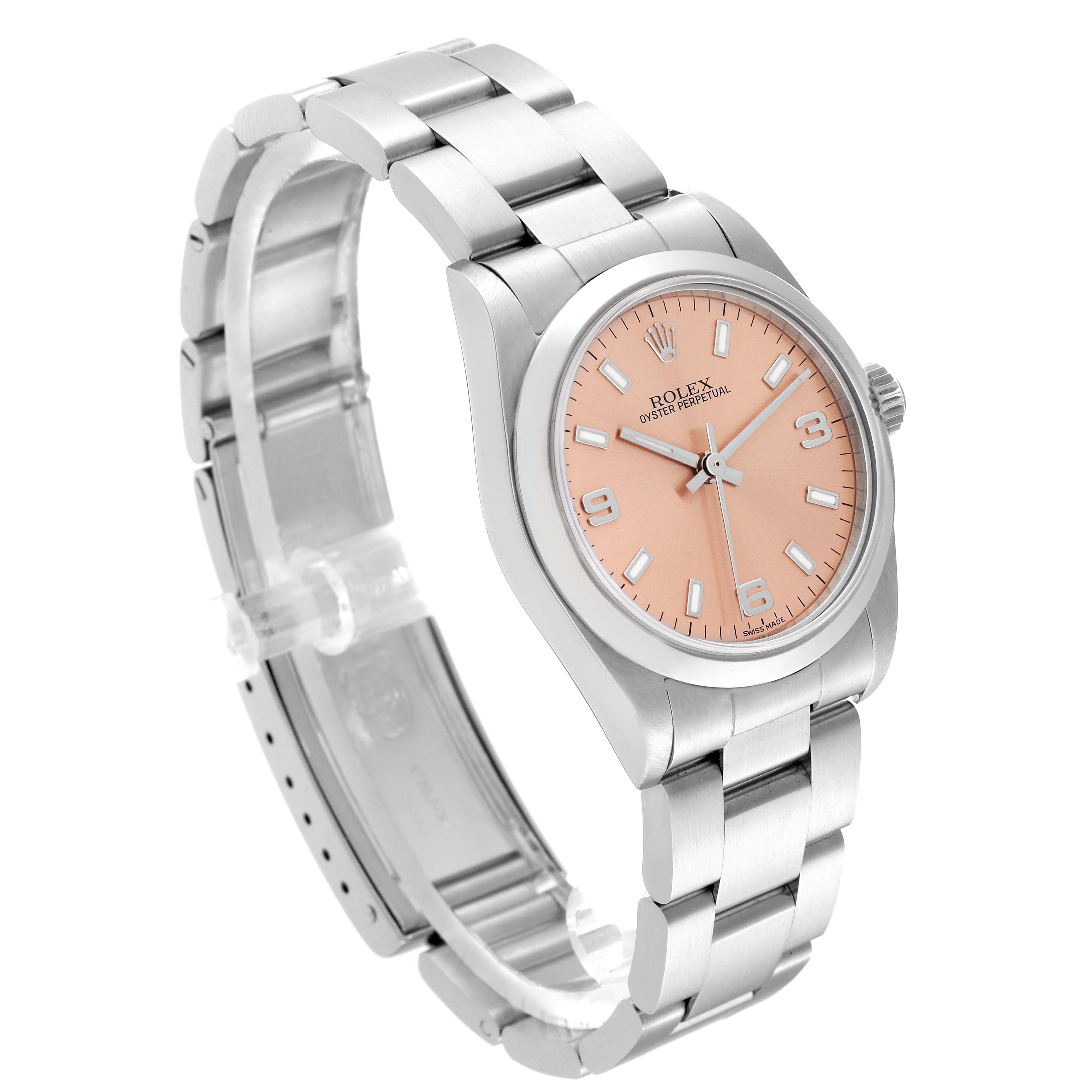 The Rolex Mid-Size 77080 Women's Stainless Steel Pink Dial 77080 Women's Stainless Steel Pink Dial model watch is shown at a three-quarter angle, displaying its face, bezel, crown, and bracelet clearly.