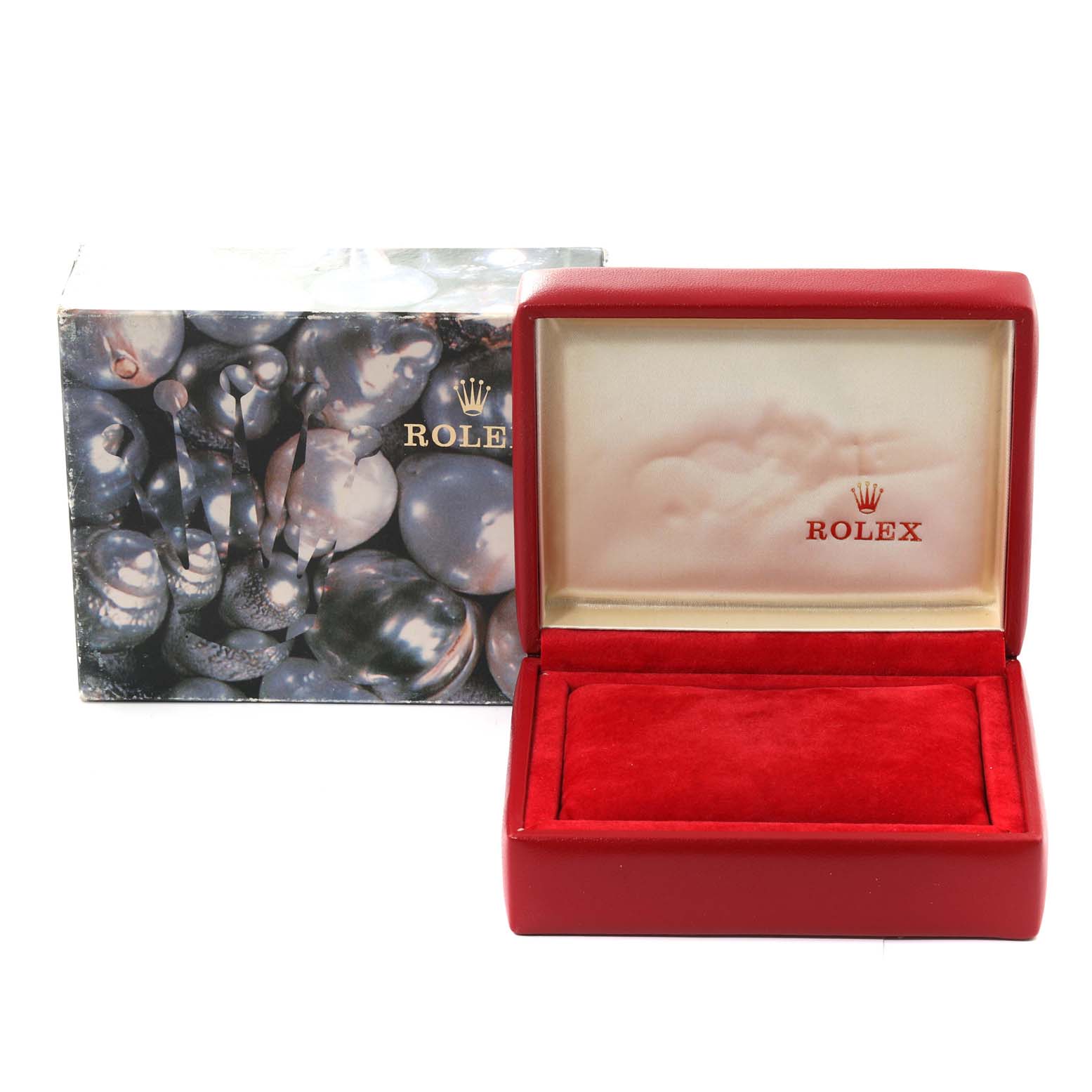 This image shows the open box and outer packaging of a Rolex Mid-Size 77080 Women's Stainless Steel Pink Dial 77080 Women's Stainless Steel Pink Dial model watch.