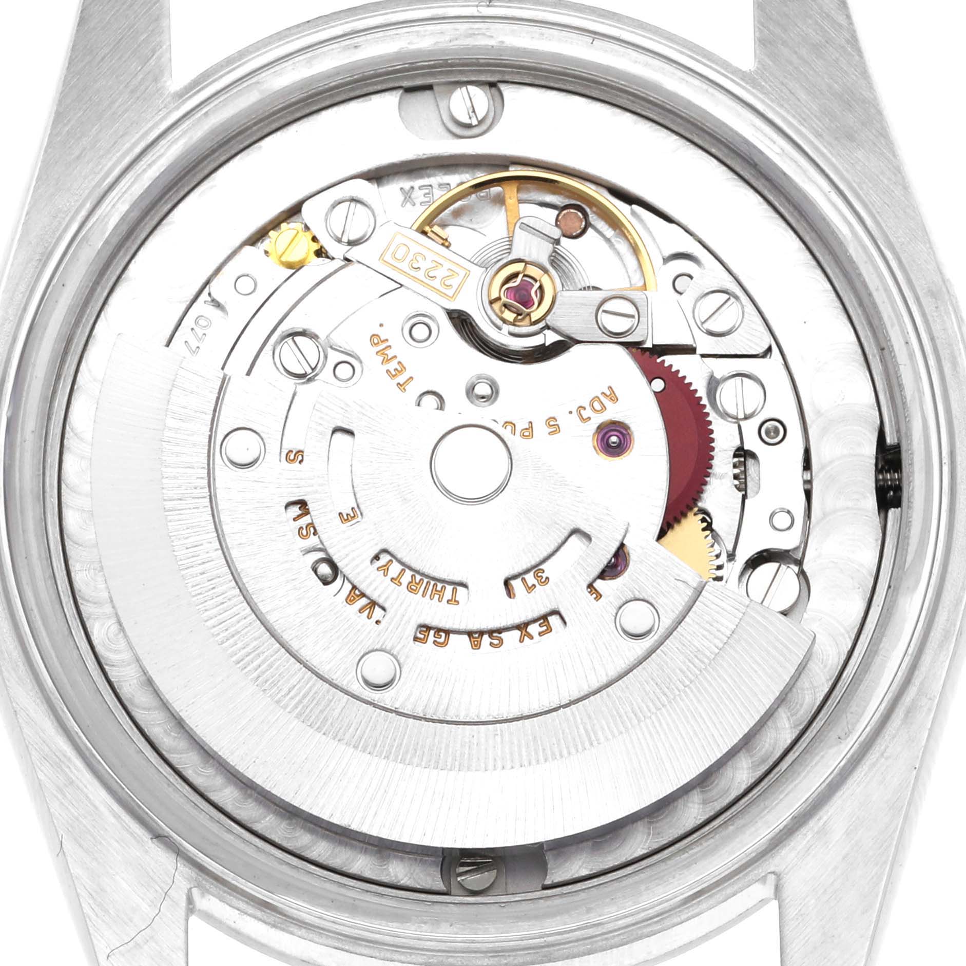 The image shows the internal mechanism and movement of a Rolex Mid-Size 77080 Women's Stainless Steel Pink Dial 77080 Women's Stainless Steel Pink Dial model, viewed from the back.