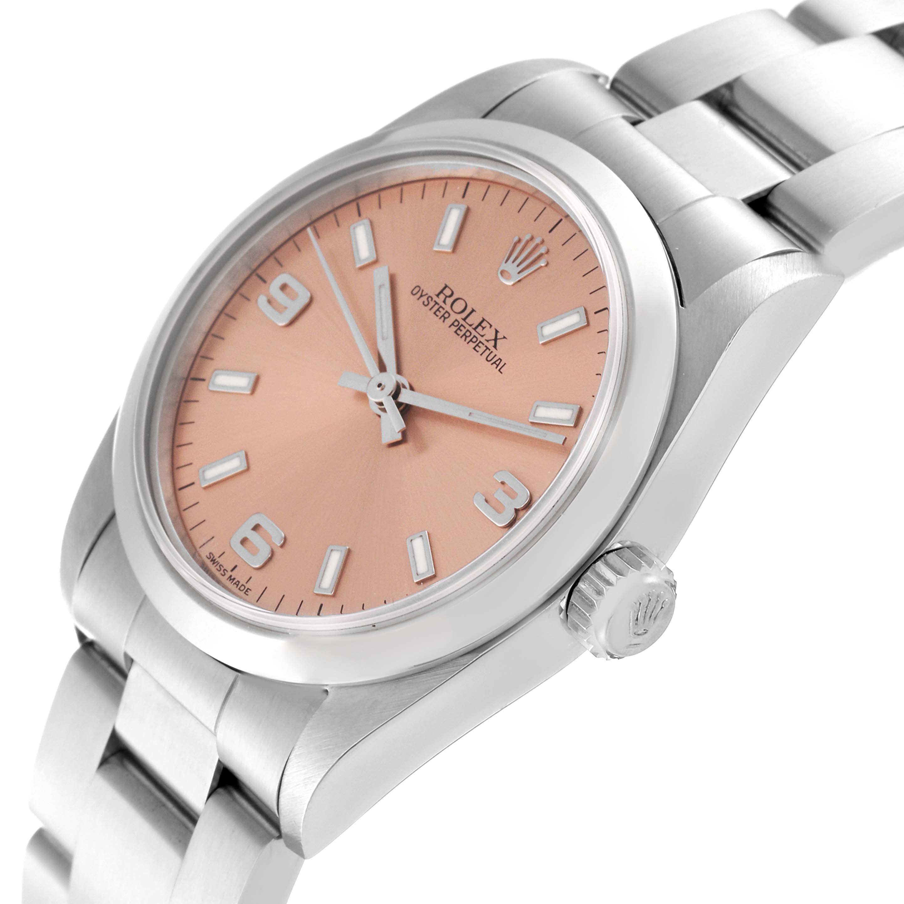 The image shows a side angle of a Rolex Mid-Size 77080 Women's Stainless Steel Pink Dial 77080 Women's Stainless Steel Pink Dial Oyster Perpetual watch, highlighting its pink dial and metal bracelet.