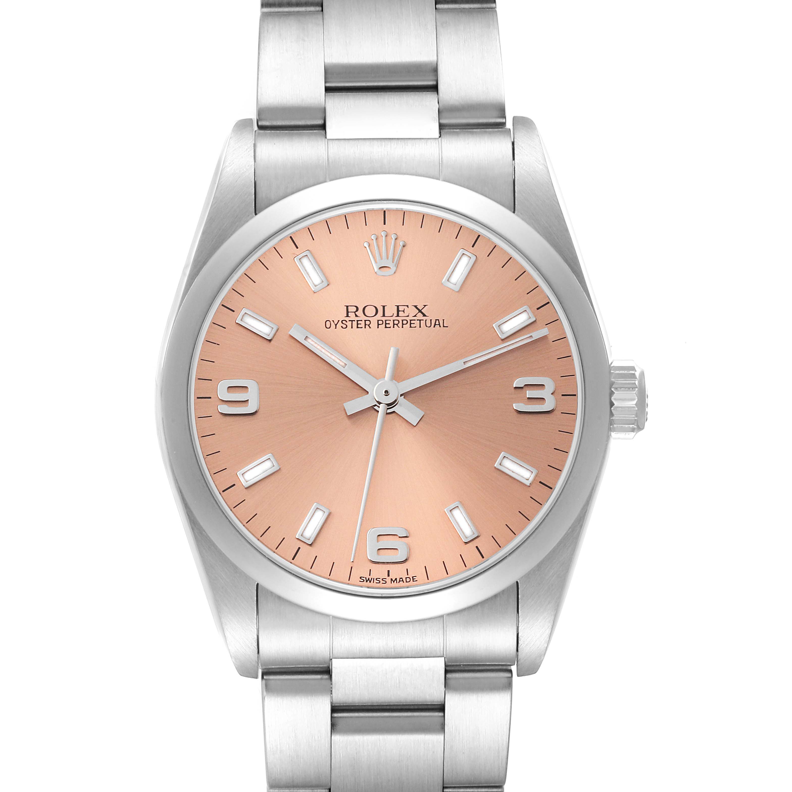 This is a front view of a Rolex Mid-Size 77080 Women's Stainless Steel Pink Dial 77080 Women's Stainless Steel Pink Dial Oyster Perpetual watch featuring a stainless steel case and bracelet, and a pink dial.