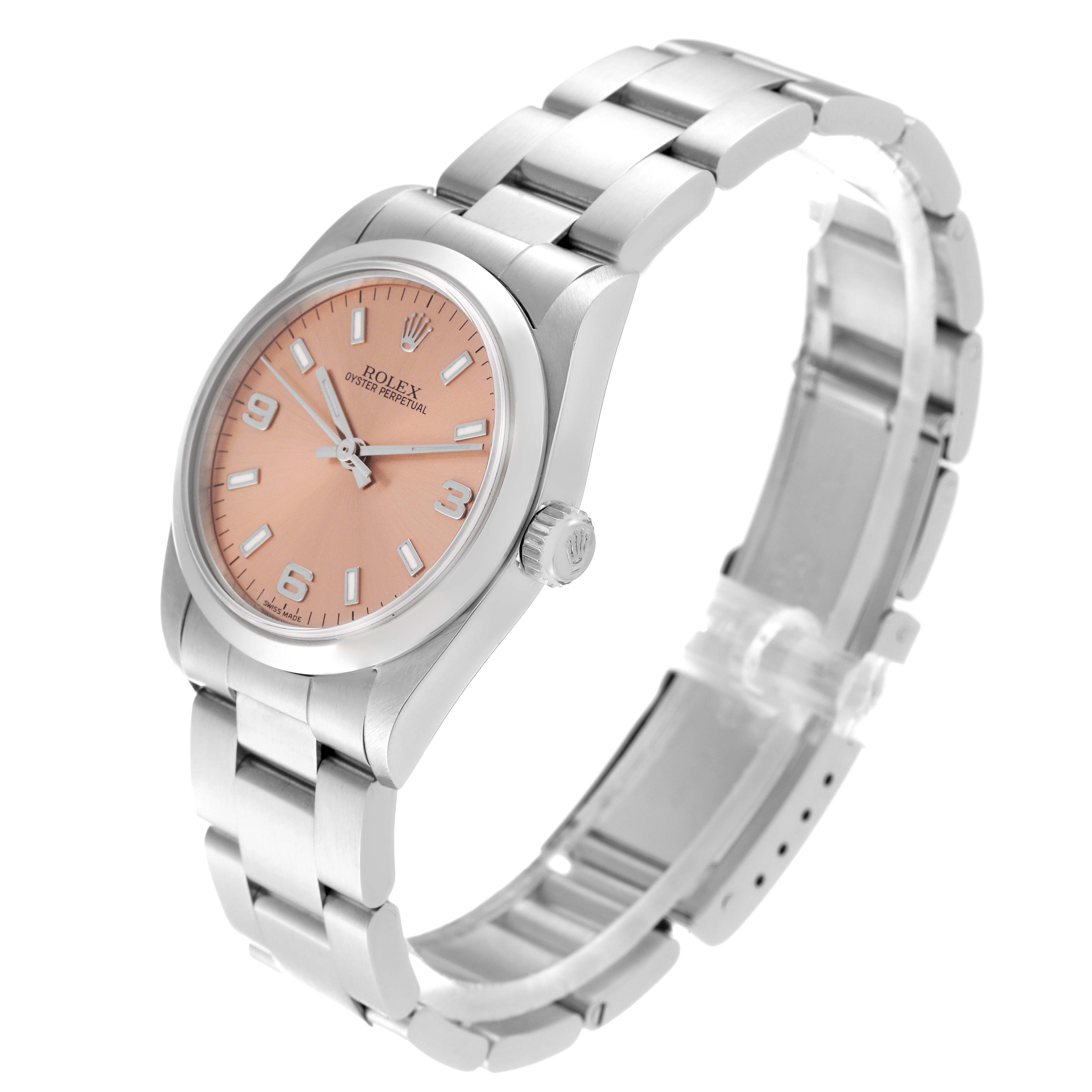 This Rolex Mid-Size 77080 Women's Stainless Steel Pink Dial 77080 Women's Stainless Steel Pink Dial model watch is shown at a three-quarter angle, highlighting the dial, crown, and entire bracelet.