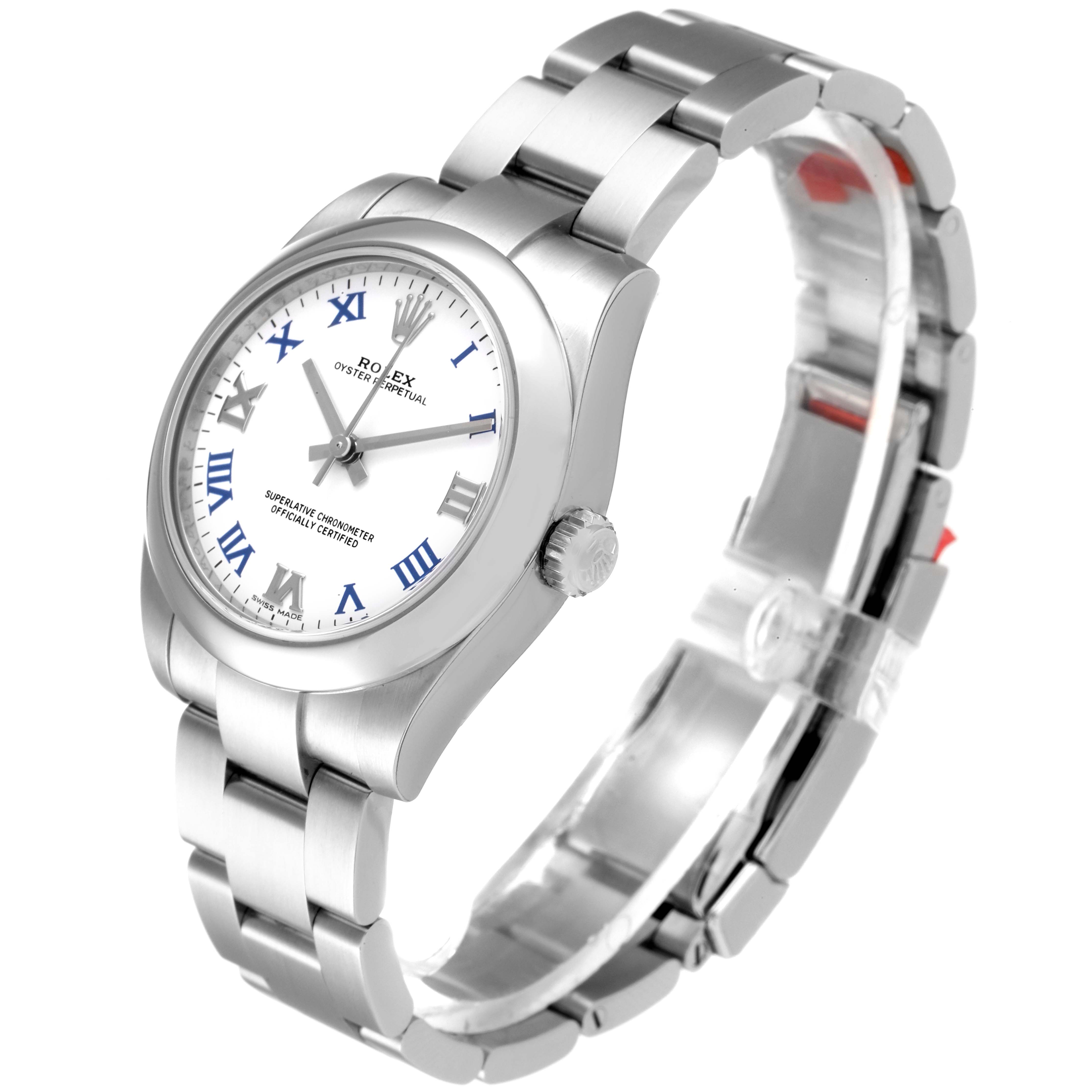 This image shows a Rolex Mid-Size 177200 Women's Stainless Steel White Dial 177200 Women's Stainless Steel White Dial model watch featuring its face, bezel, crown, and a portion of its metal bracelet at a slight angle.