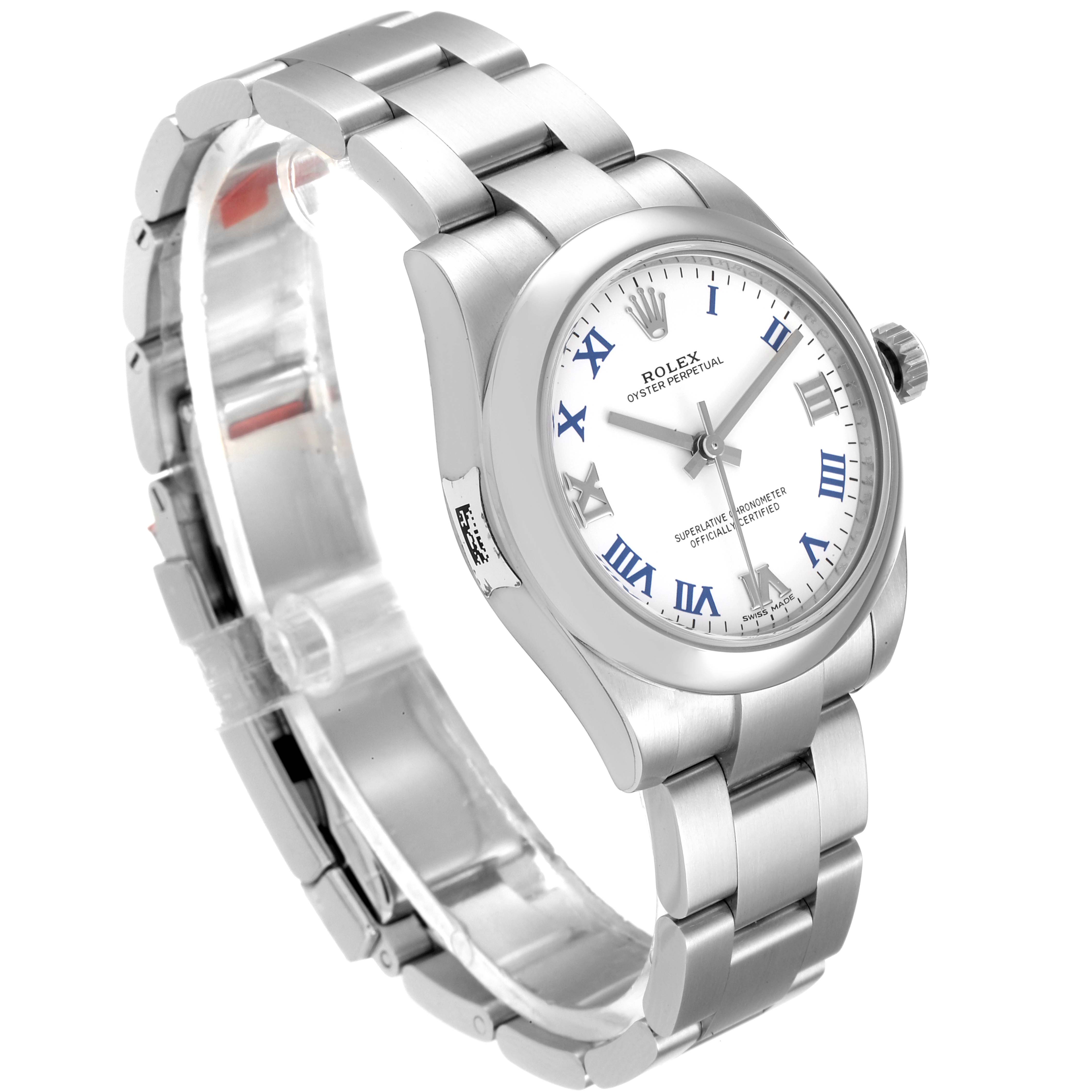 This Rolex Mid-Size 177200 Women's Stainless Steel White Dial 177200 Women's Stainless Steel White Dial model watch is shown at an angled view, displaying the face, bezel, crown, and bracelet.