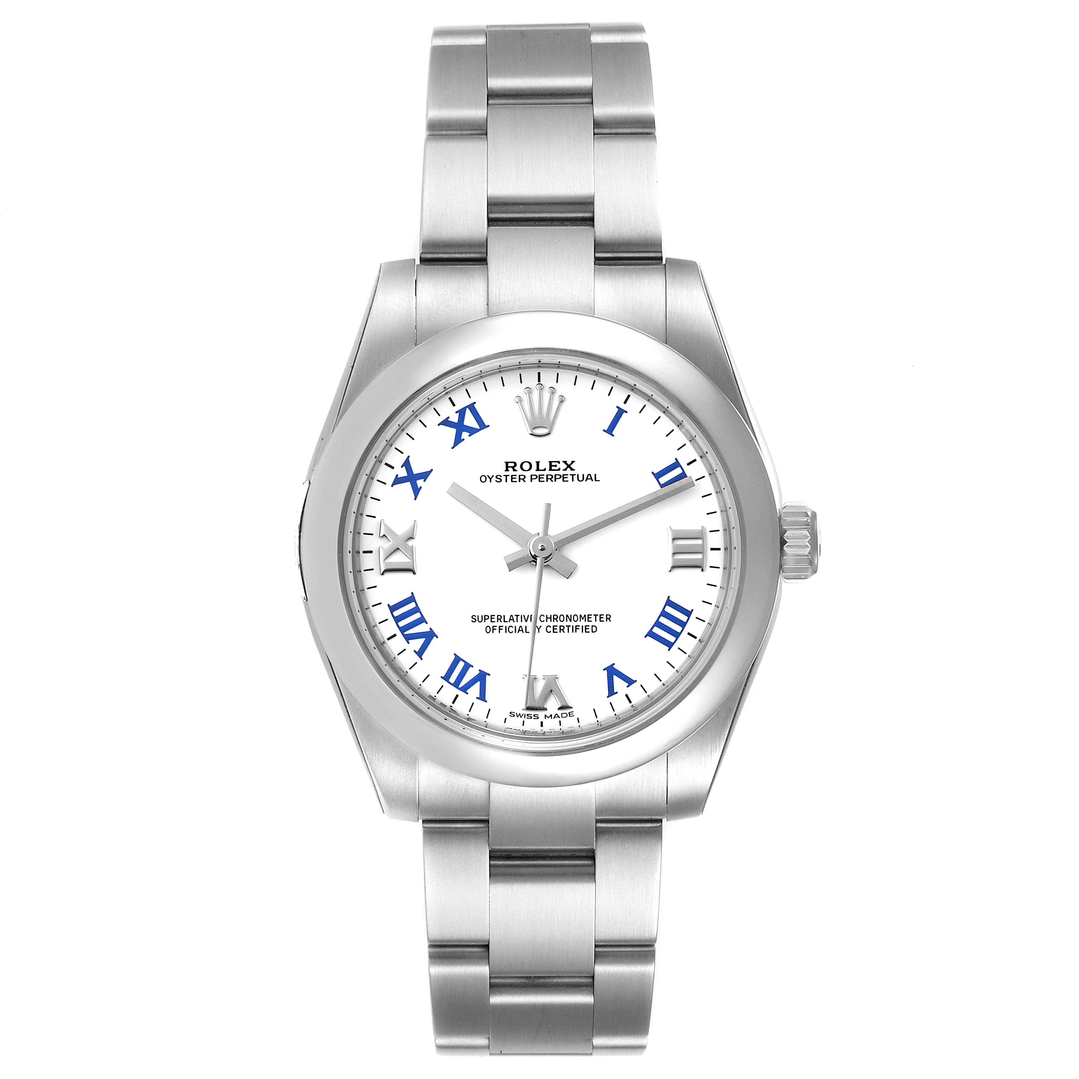 This image shows a front view of a Rolex Oyster Perpetual Mid-Size watch, displaying the bracelet, dial, and crown.