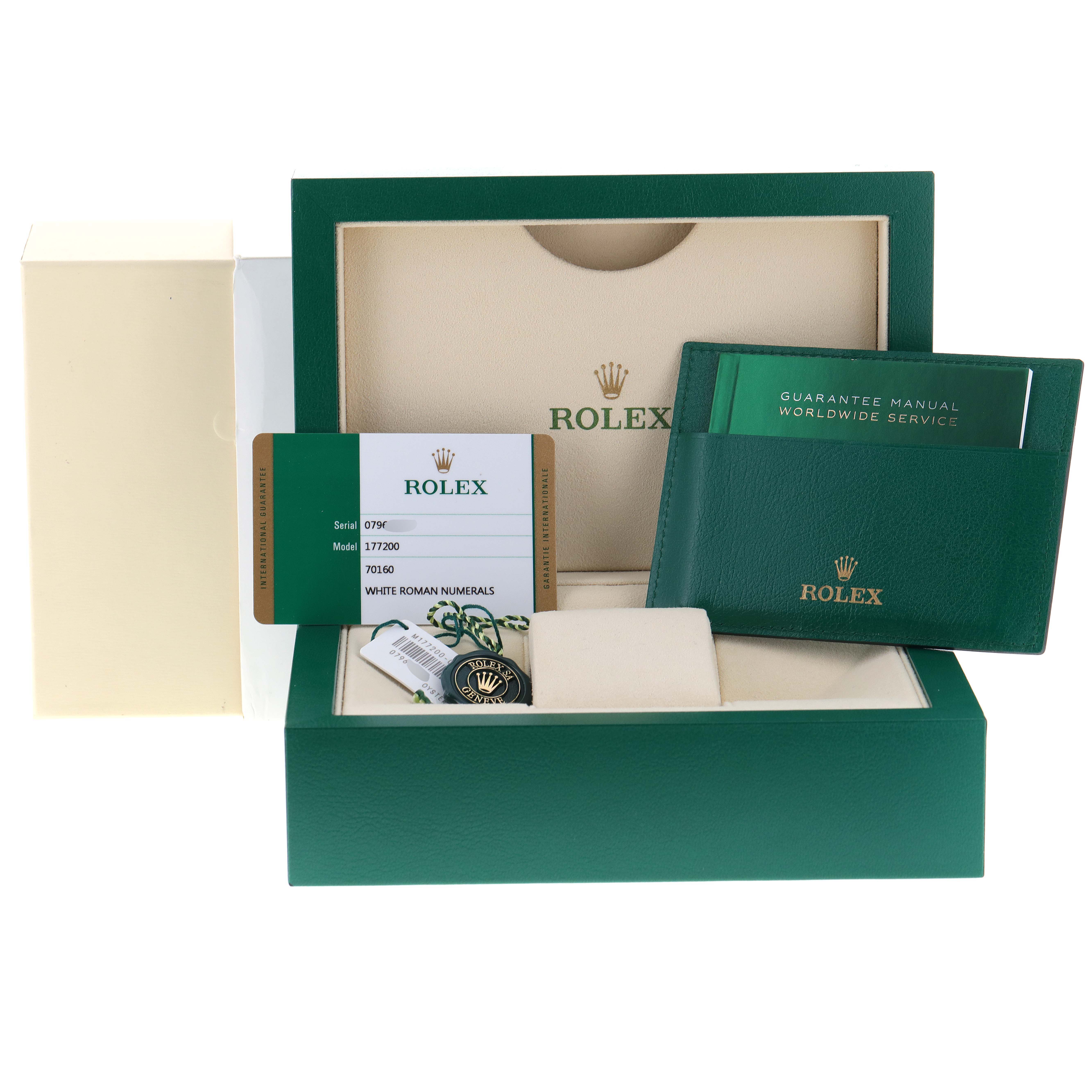 The image shows the packaging, warranty card, and guarantee manual for a Rolex Mid-Size 177200 Women's Stainless Steel White Dial 177200 Women's Stainless Steel White Dial model 177200.