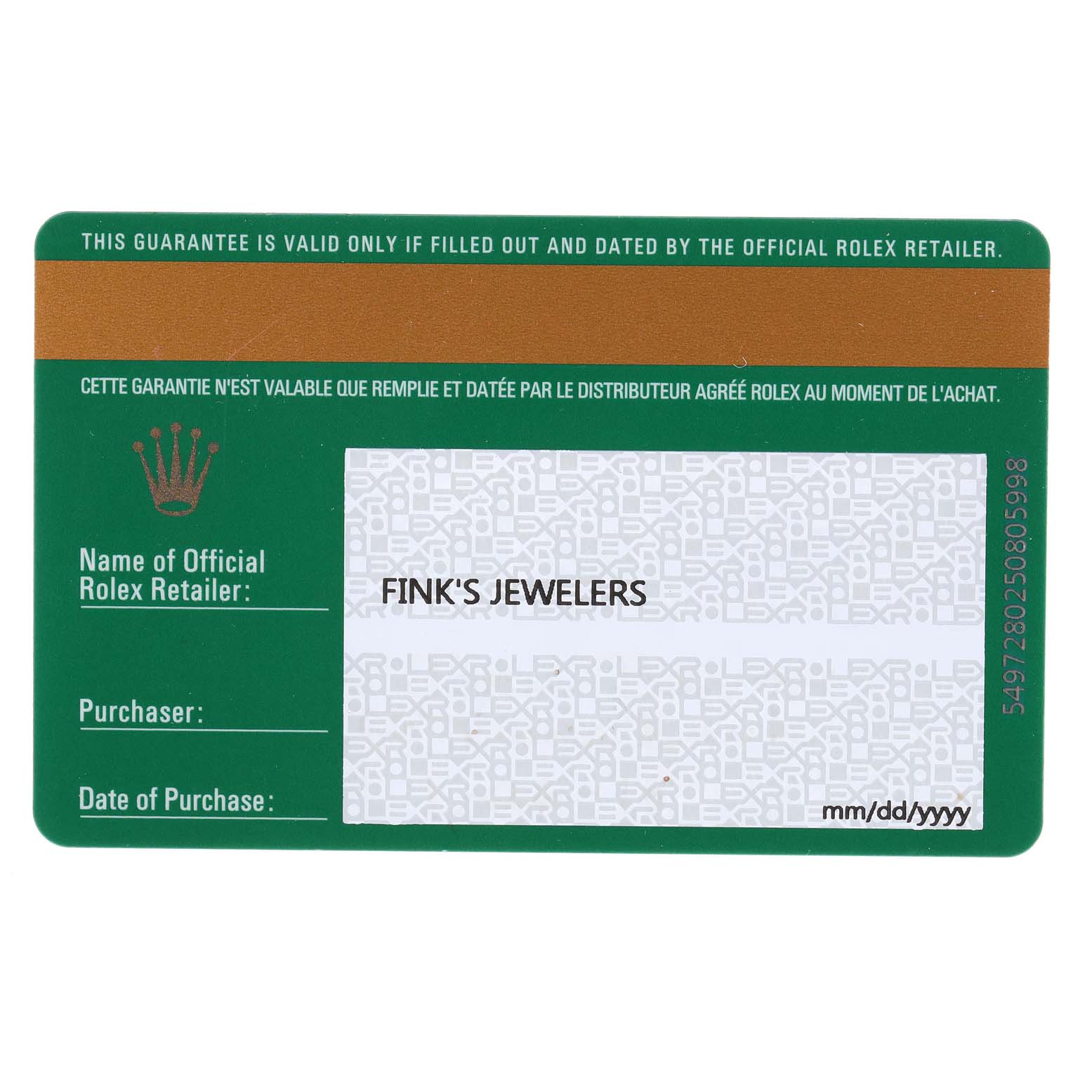 The image shows a warranty card for a Rolex Mid-Size 177200 Women's Stainless Steel White Dial 177200 Women's Stainless Steel White Dial model watch, featuring placeholders for retailer, purchaser, and purchase date details.