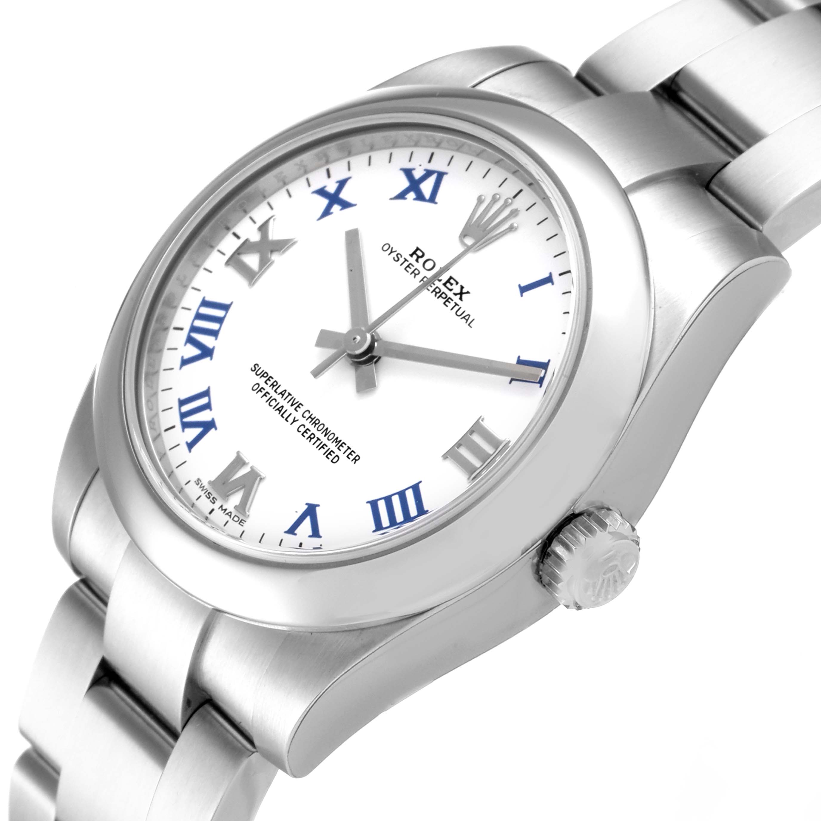 This image shows a Rolex Mid-Size 177200 Women's Stainless Steel White Dial 177200 Women's Stainless Steel White Dial Oyster Perpetual watch angled from the front and right side, displaying the dial and part of the bracelet.