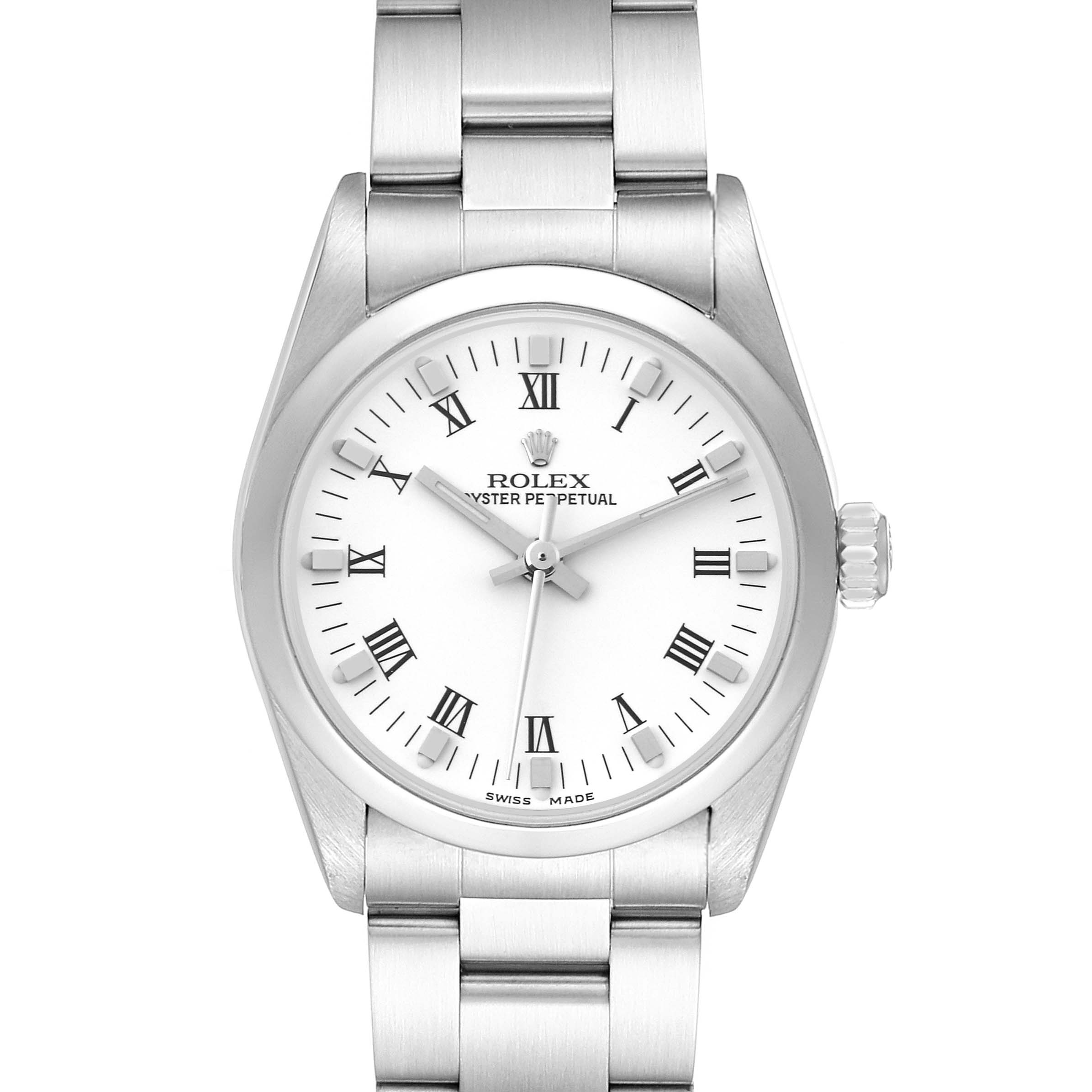 This Rolex Mid-Size 77080 Women's Stainless Steel White Dial 77080 Women's Stainless Steel White Dial model watch shows a frontal view including the dial, bezel, case, and bracelet.