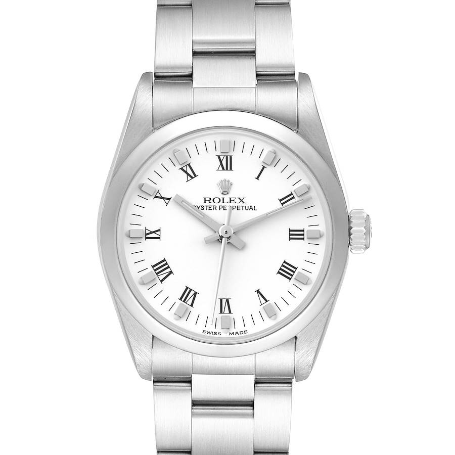 Rolex Oyster Perpetual Midsize White Dial Smooth Bezel Steel Ladies Watch 77080 SwissWatchExpo