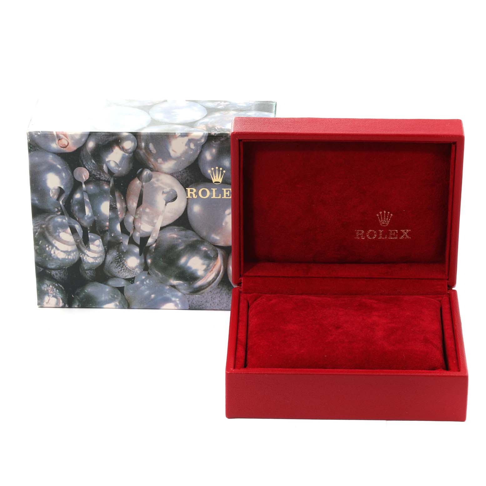 The image shows an open red Rolex watch box and its outer packaging, designed for a Mid-Size model.