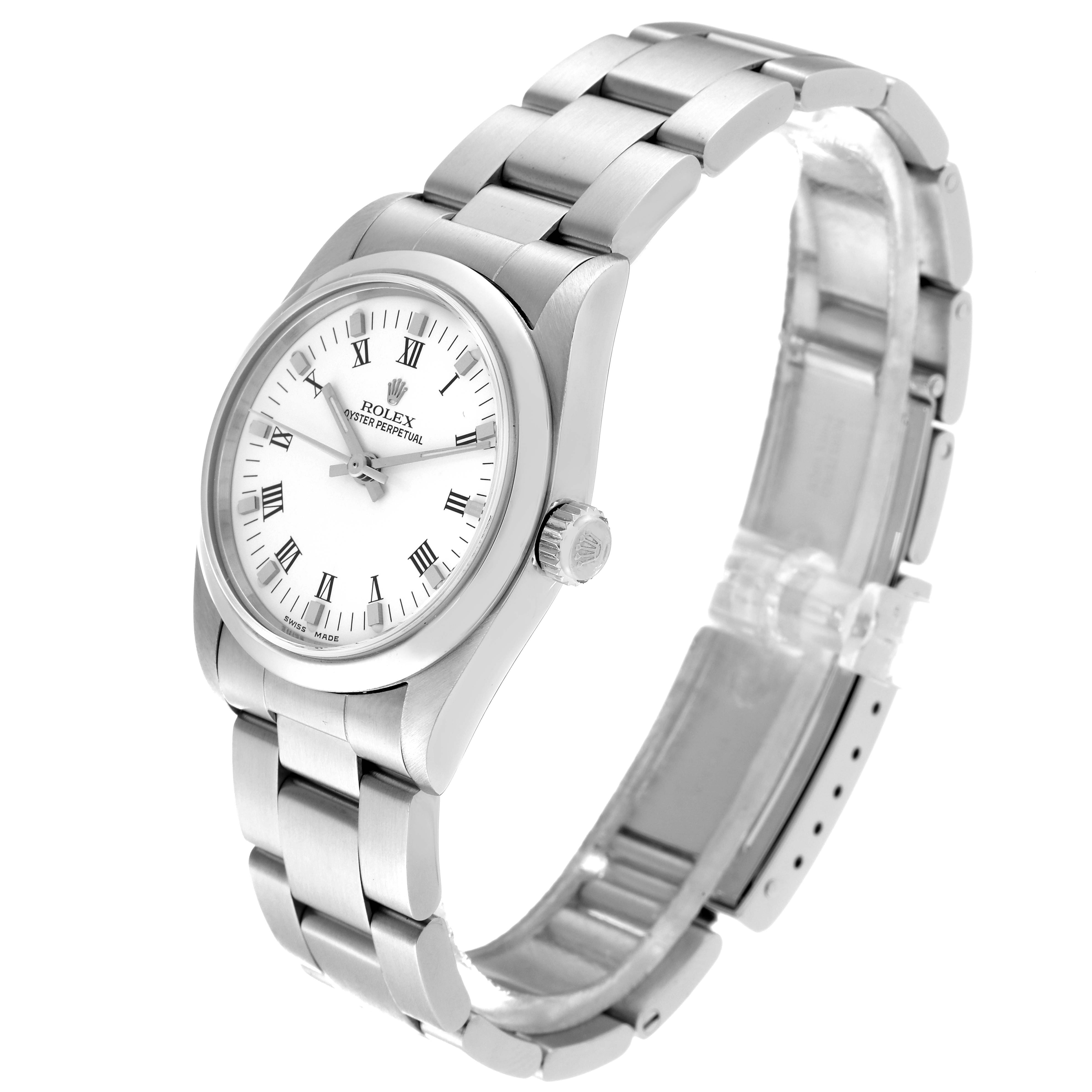 The image shows a side and slightly top angle view of a Rolex Mid-Size 77080 Women's Stainless Steel White Dial 77080 Women's Stainless Steel White Dial model watch, highlighting the face, bezel, crown, and bracelet.