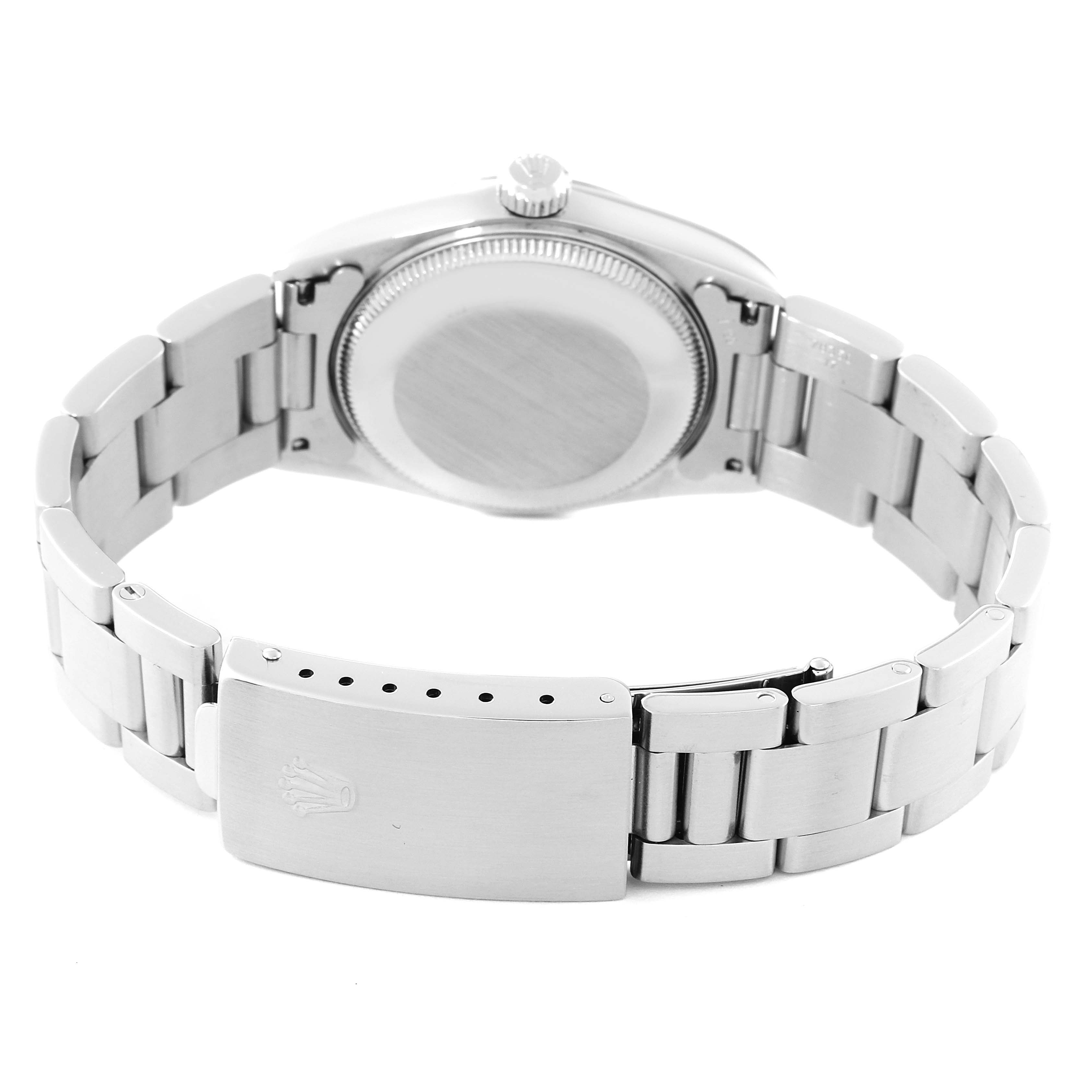 The image shows the back view of the Rolex Mid-Size 77080 Women's Stainless Steel White Dial 77080 Women's Stainless Steel White Dial watch, featuring the case back and bracelet clasp.