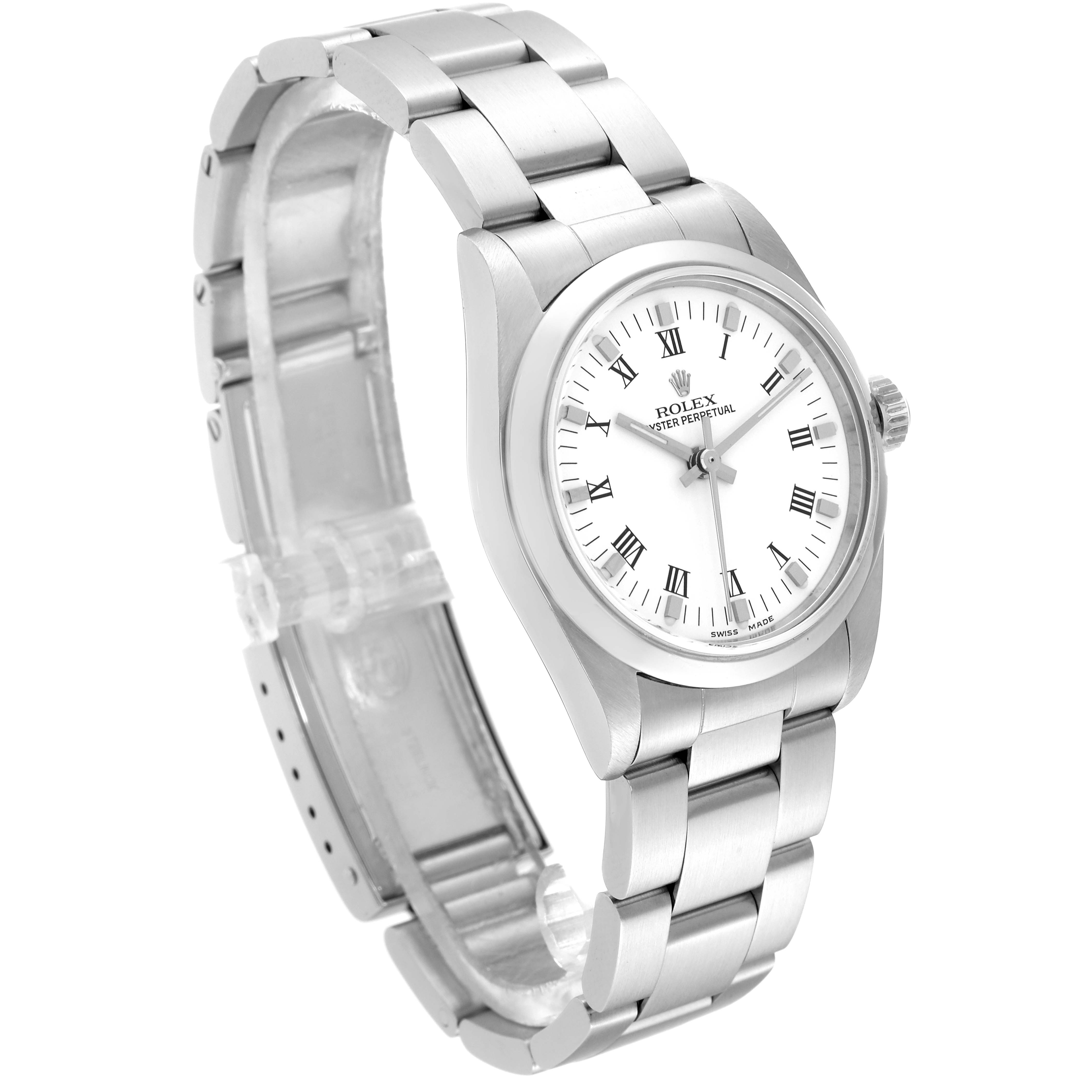 This image shows a side angle of a Rolex Mid-Size 77080 Women's Stainless Steel White Dial 77080 Women's Stainless Steel White Dial model watch, highlighting its bracelet, dial, and crown.