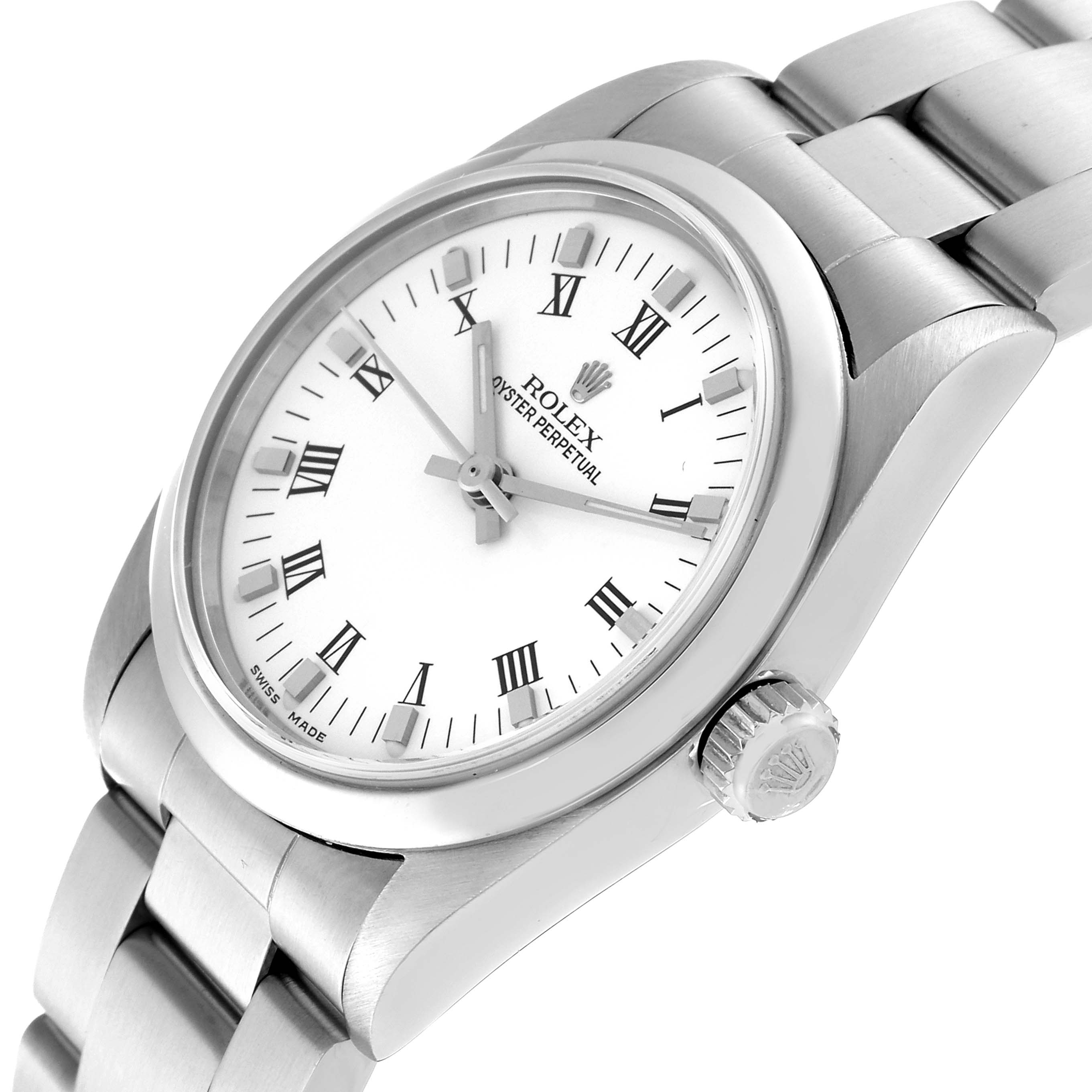 The image shows a tilted view of the Rolex Mid-Size 77080 Women's Stainless Steel White Dial 77080 Women's Stainless Steel White Dial Oyster Perpetual, highlighting the watch face, bezel, crown, and part of the bracelet.