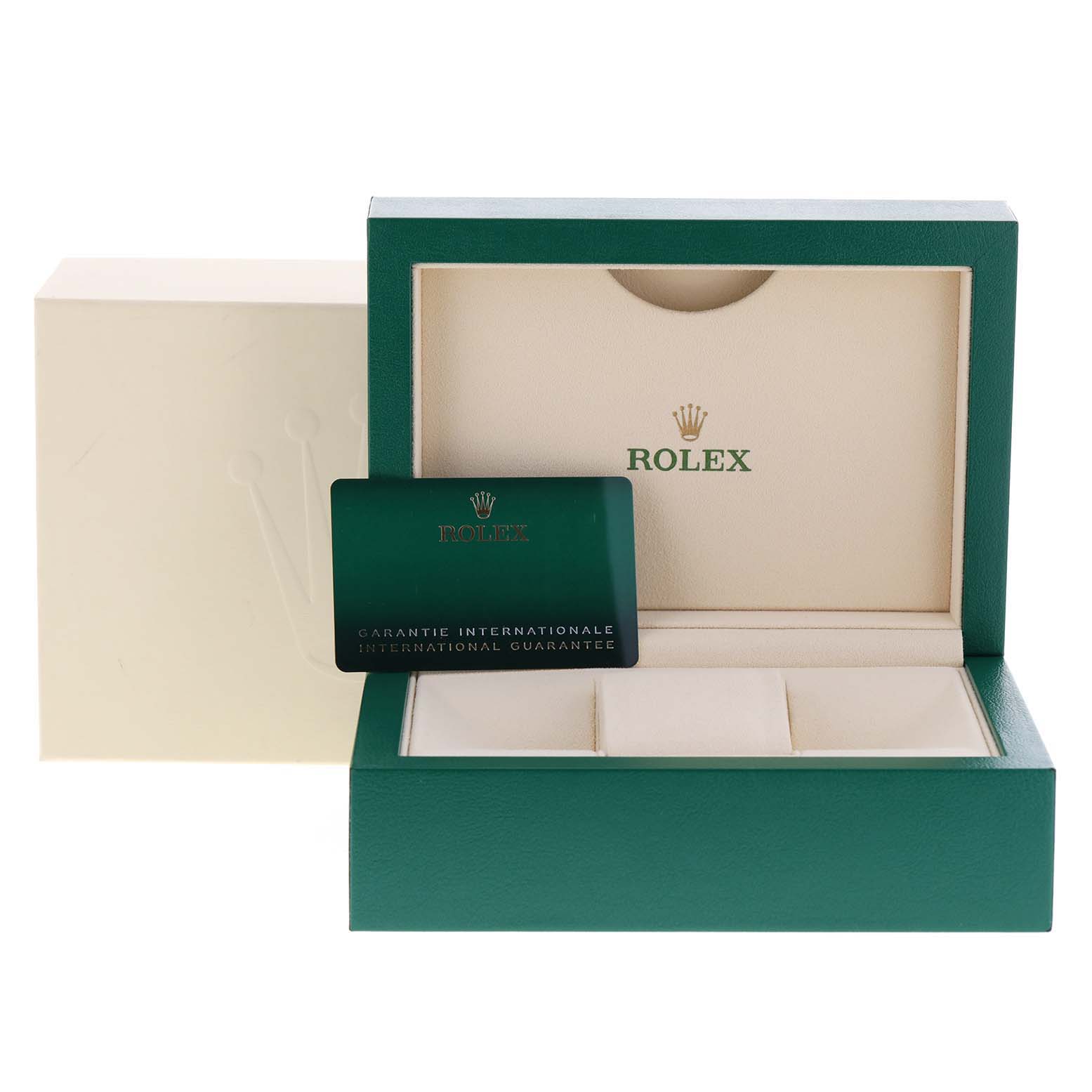 The image shows an open Rolex Oyster Perpetual 276200 Women's Stainless Steel Black Dial 276200 Women's Stainless Steel Black Dial watch box and an international guarantee card.