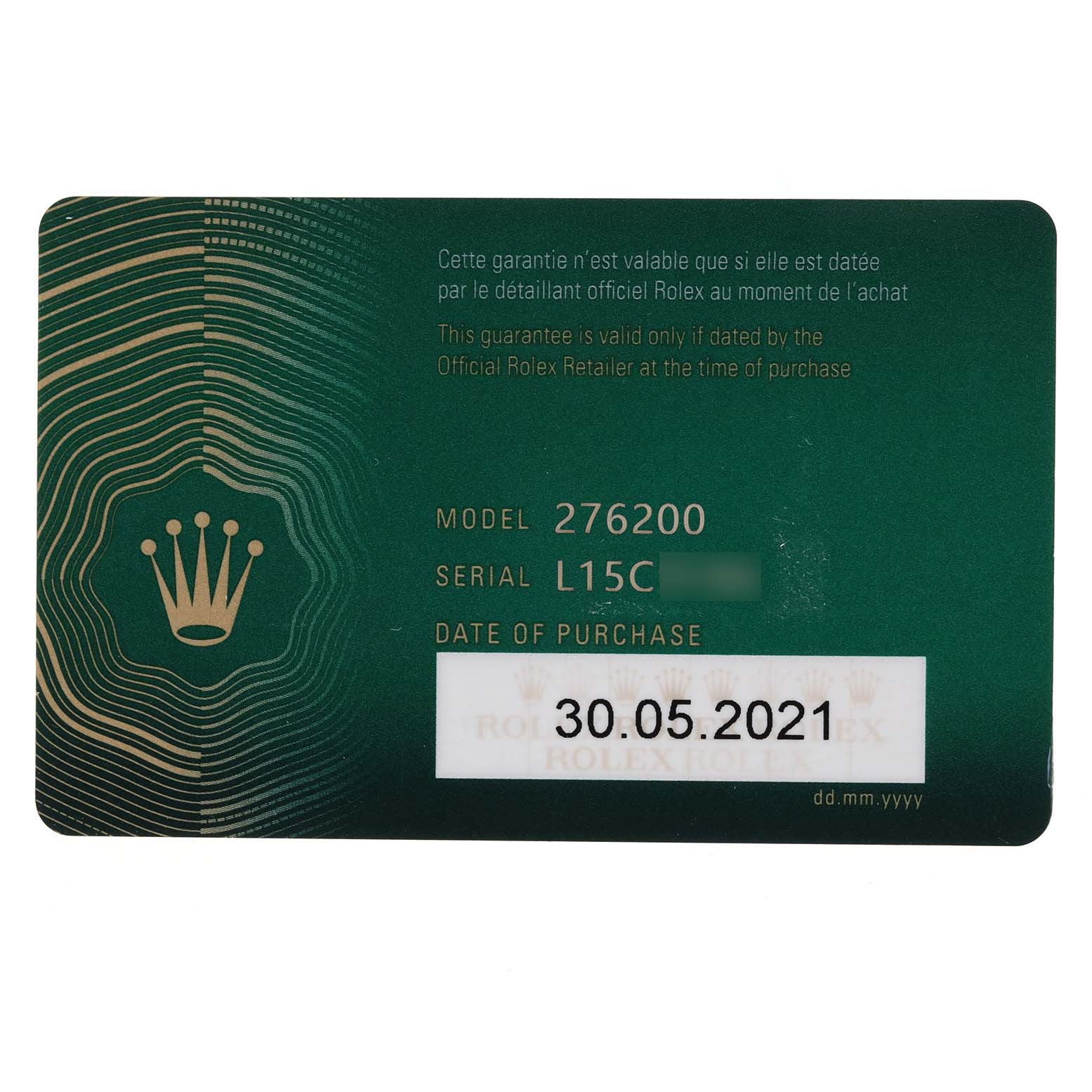 This image shows a warranty card for a Rolex Oyster Perpetual 276200 Women's Stainless Steel Black Dial 276200 Women's Stainless Steel Black Dial model 276200, displaying the serial number and date of purchase.