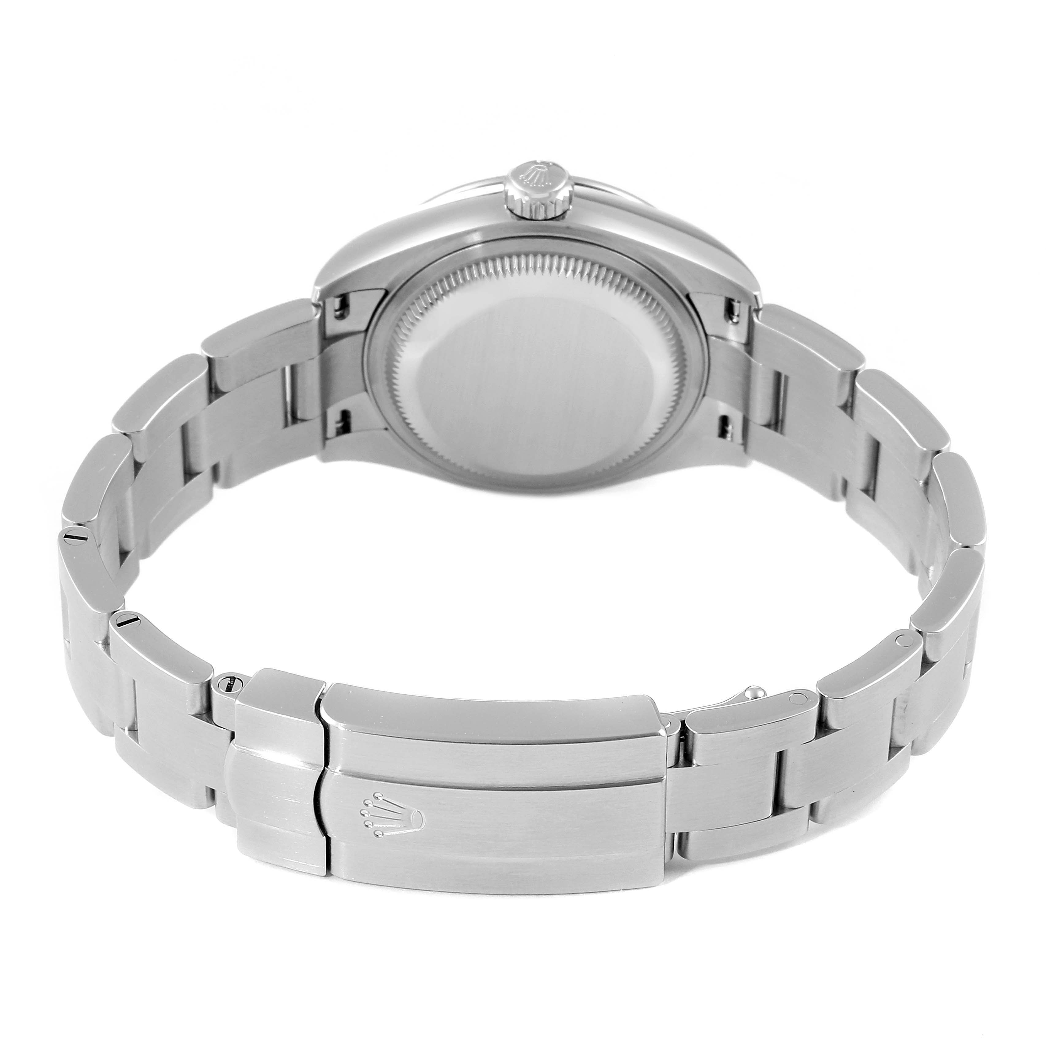 The image shows the back and clasp of the Rolex Oyster Perpetual 276200 Women's Stainless Steel Black Dial 276200 Women's Stainless Steel Black Dial watch, highlighting the bracelet and case back.