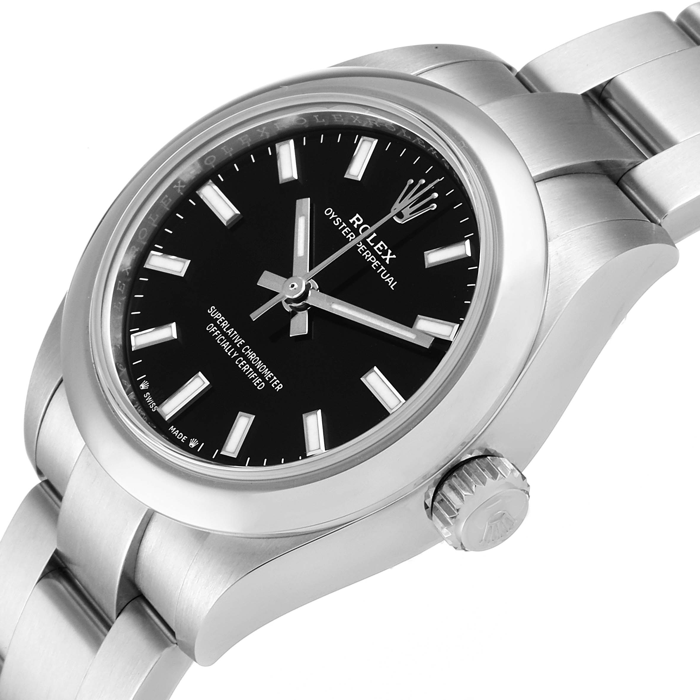 The image shows a Rolex Oyster Perpetual 276200 Women's Stainless Steel Black Dial 276200 Women's Stainless Steel Black Dial watch at a slight angle, highlighting the face, bezel, crown, and part of the bracelet.