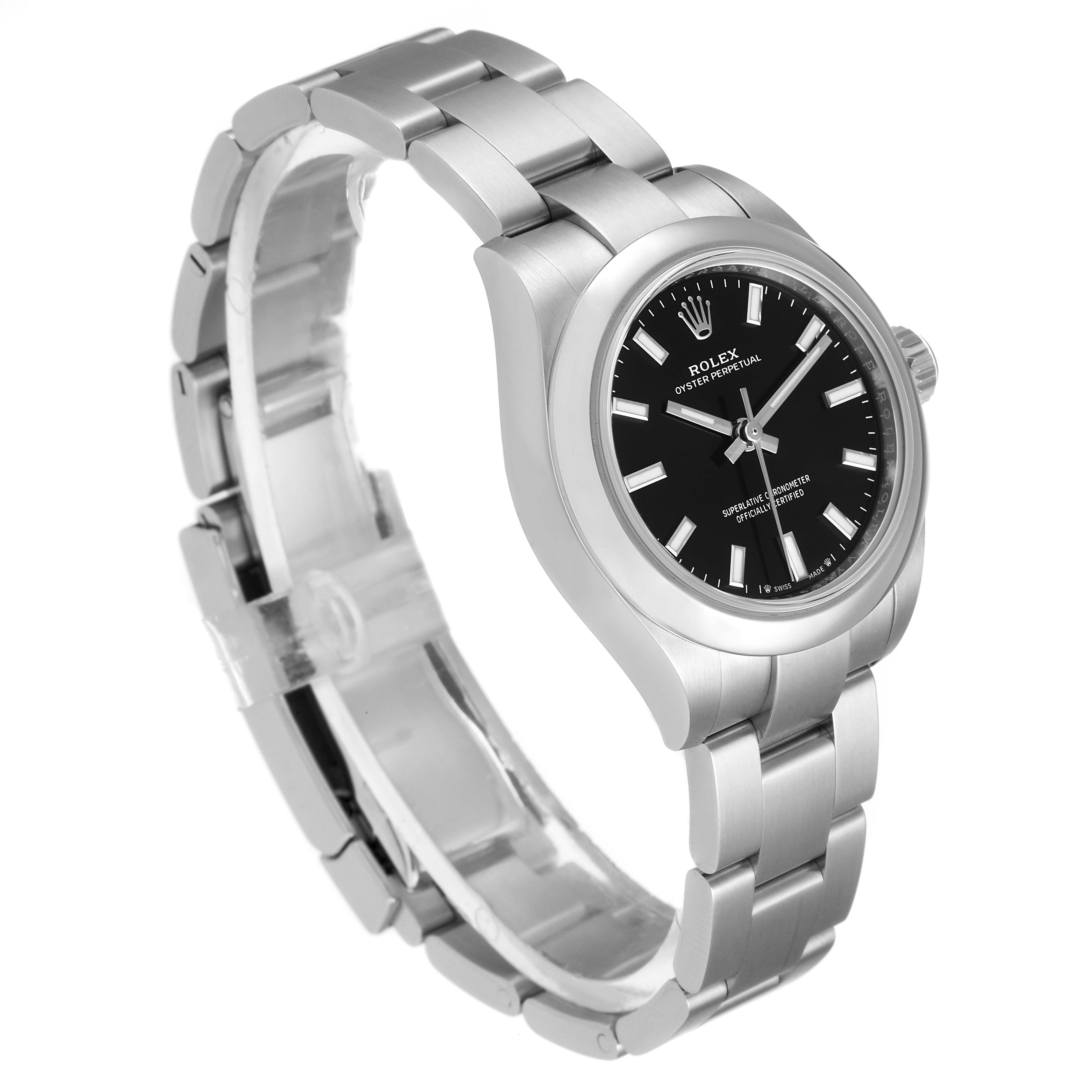 This image shows a Rolex Oyster Perpetual 276200 Women's Stainless Steel Black Dial 276200 Women's Stainless Steel Black Dial watch at a three-quarter angle, highlighting its bracelet, case, and black dial.