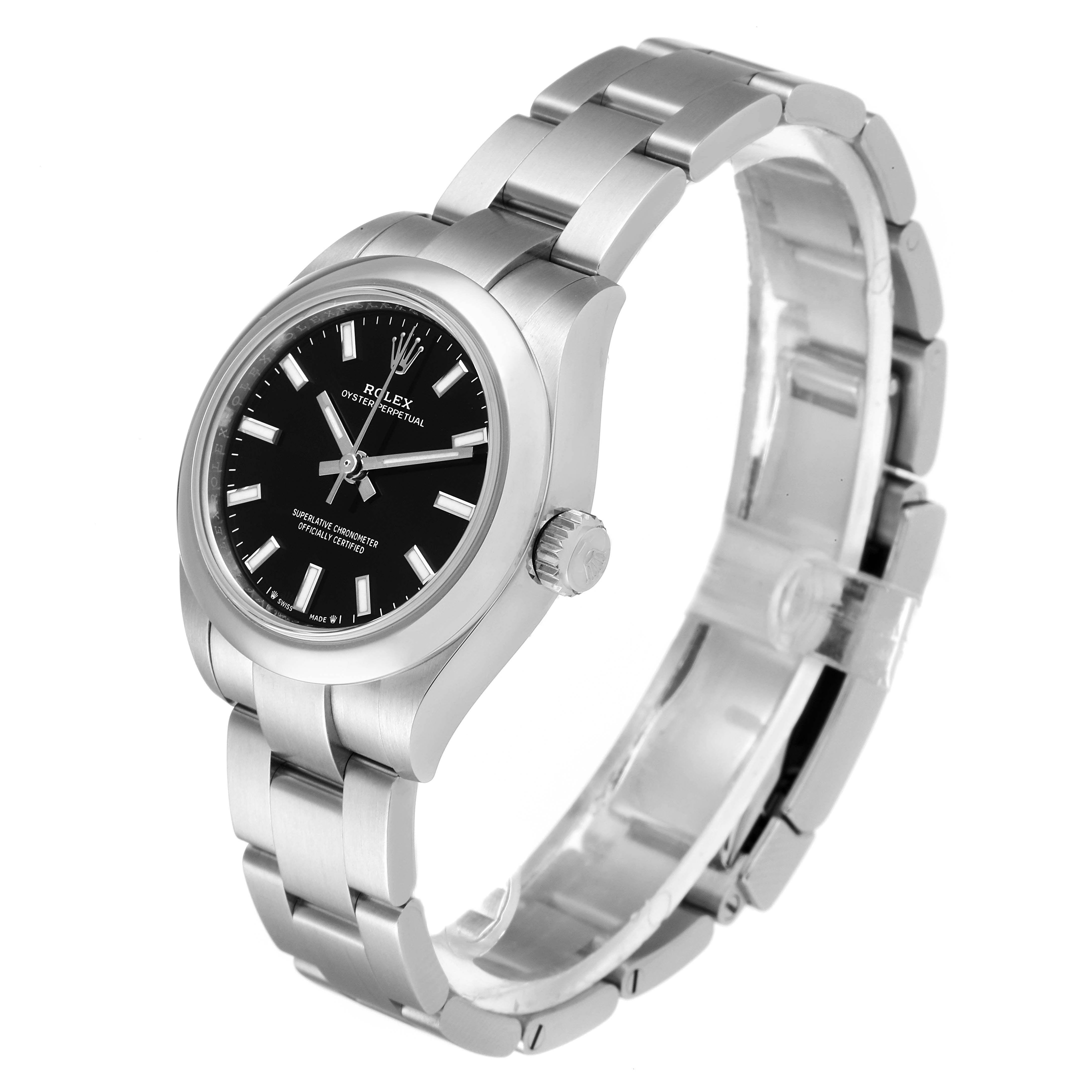 The image shows a Rolex Oyster Perpetual 276200 Women's Stainless Steel Black Dial 276200 Women's Stainless Steel Black Dial watch at an angled side view, highlighting the dial, bracelet, and crown.