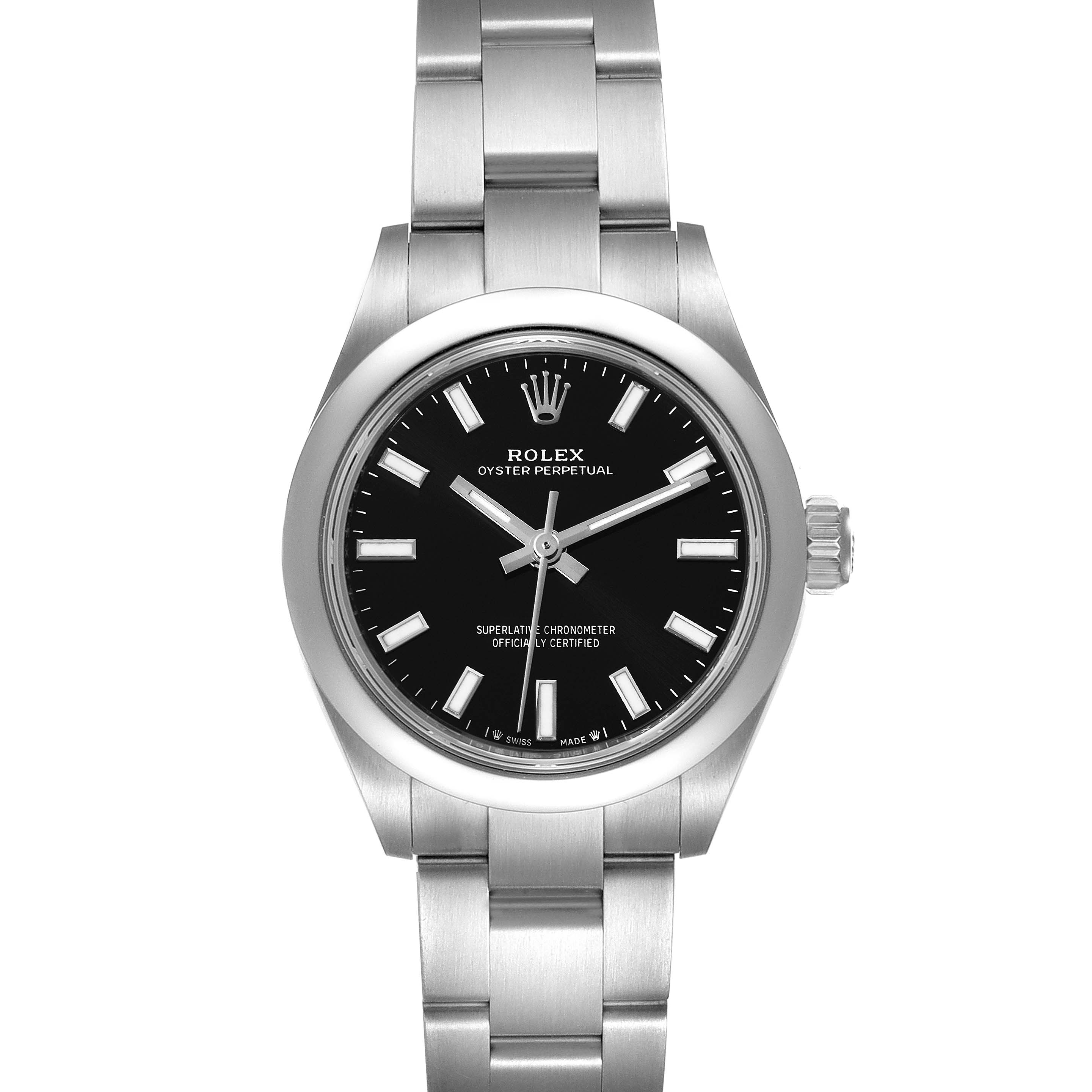 This is a front view of a Rolex Oyster Perpetual 276200 Women's Stainless Steel Black Dial 276200 Women's Stainless Steel Black Dial watch, showcasing its black dial, stainless steel case, and bracelet.