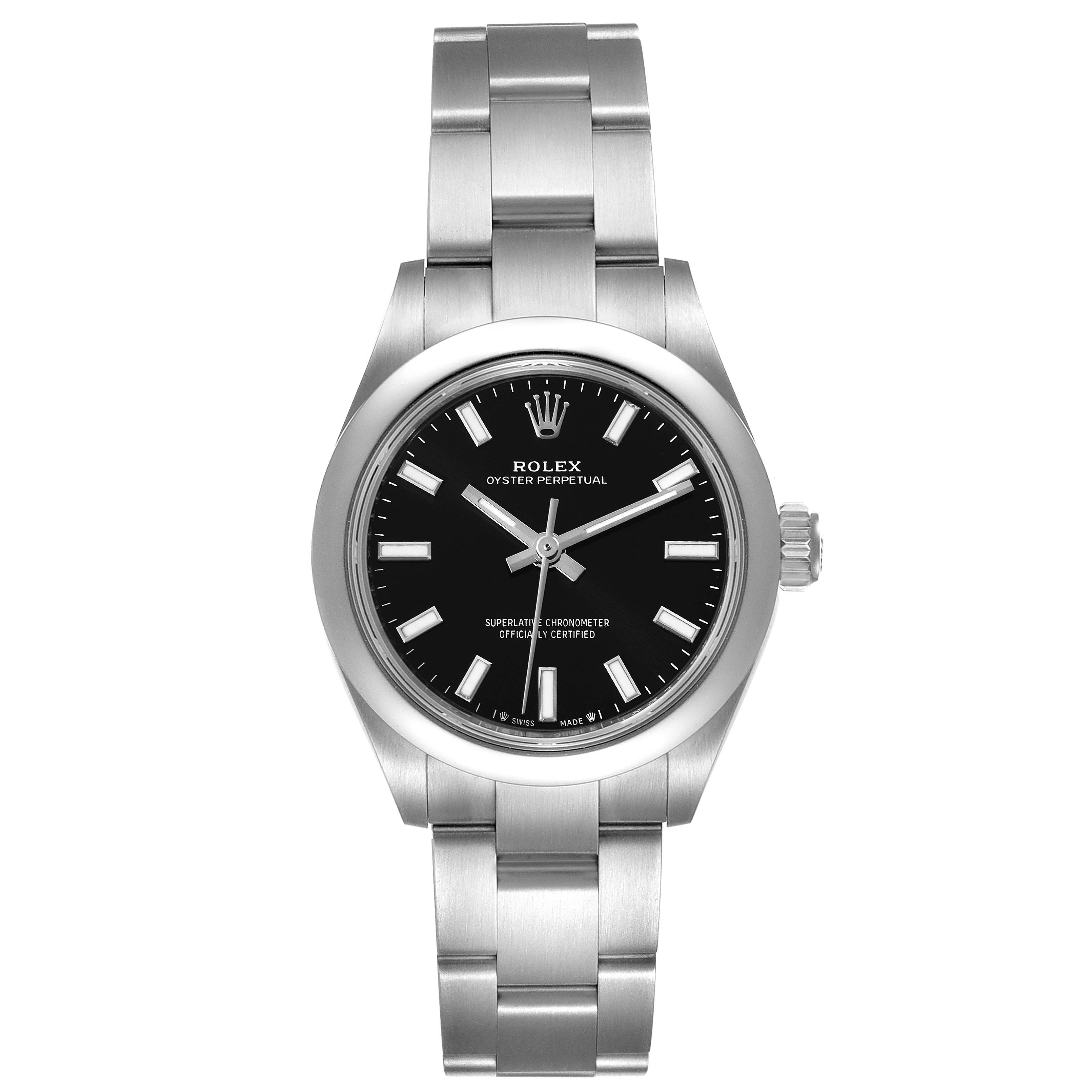 The image shows a front view of a Rolex Oyster Perpetual 276200 Women's Stainless Steel Black Dial 276200 Women's Stainless Steel Black Dial watch with a black dial and stainless steel bracelet.