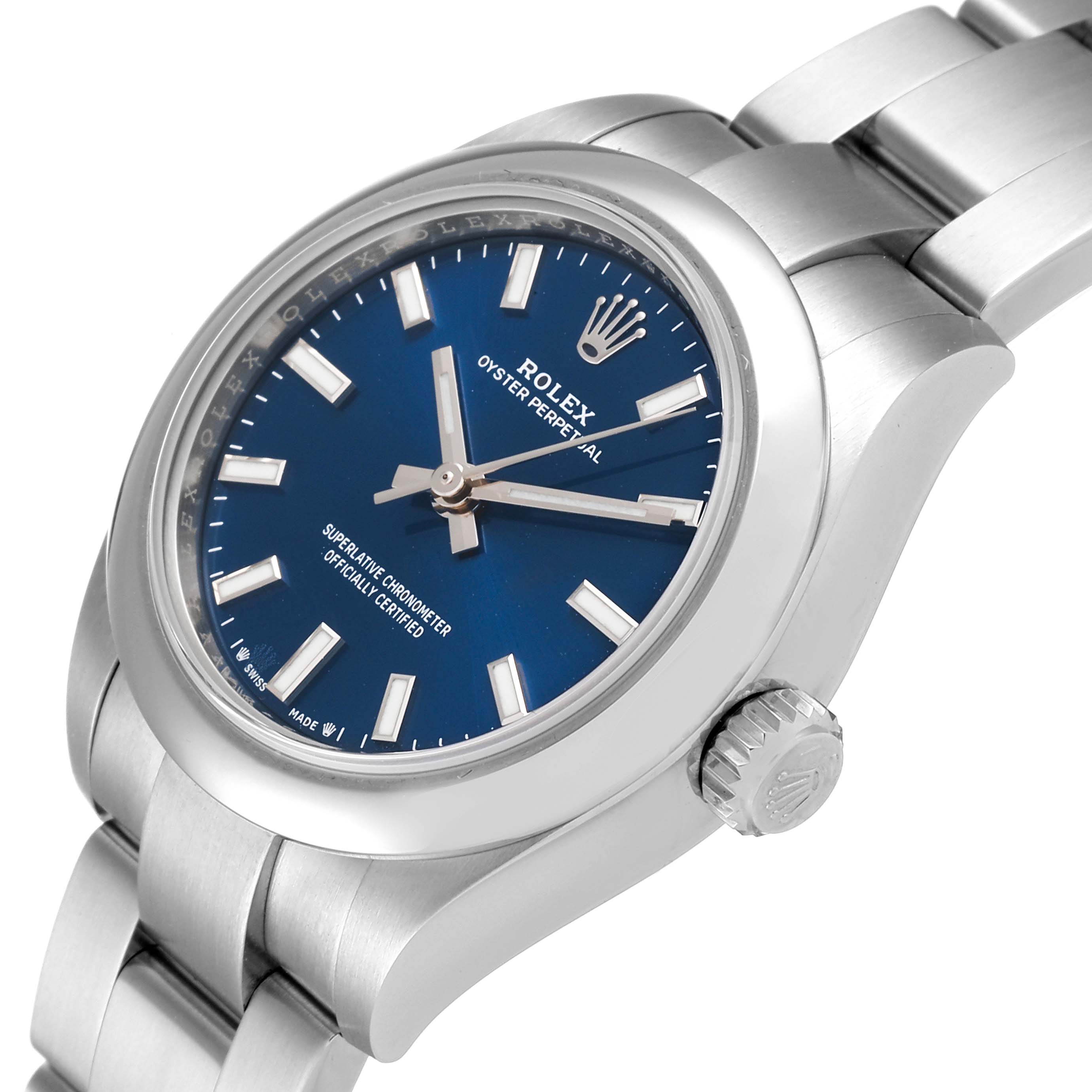 The Rolex Oyster Perpetual 276200 Women
s Stainless Steel Blue Dial 276200 Women
s Stainless Steel Blue Dial watch is shown from a front-side angle, highlighting the dial, case, bezel, crown, and part of the bracelet.