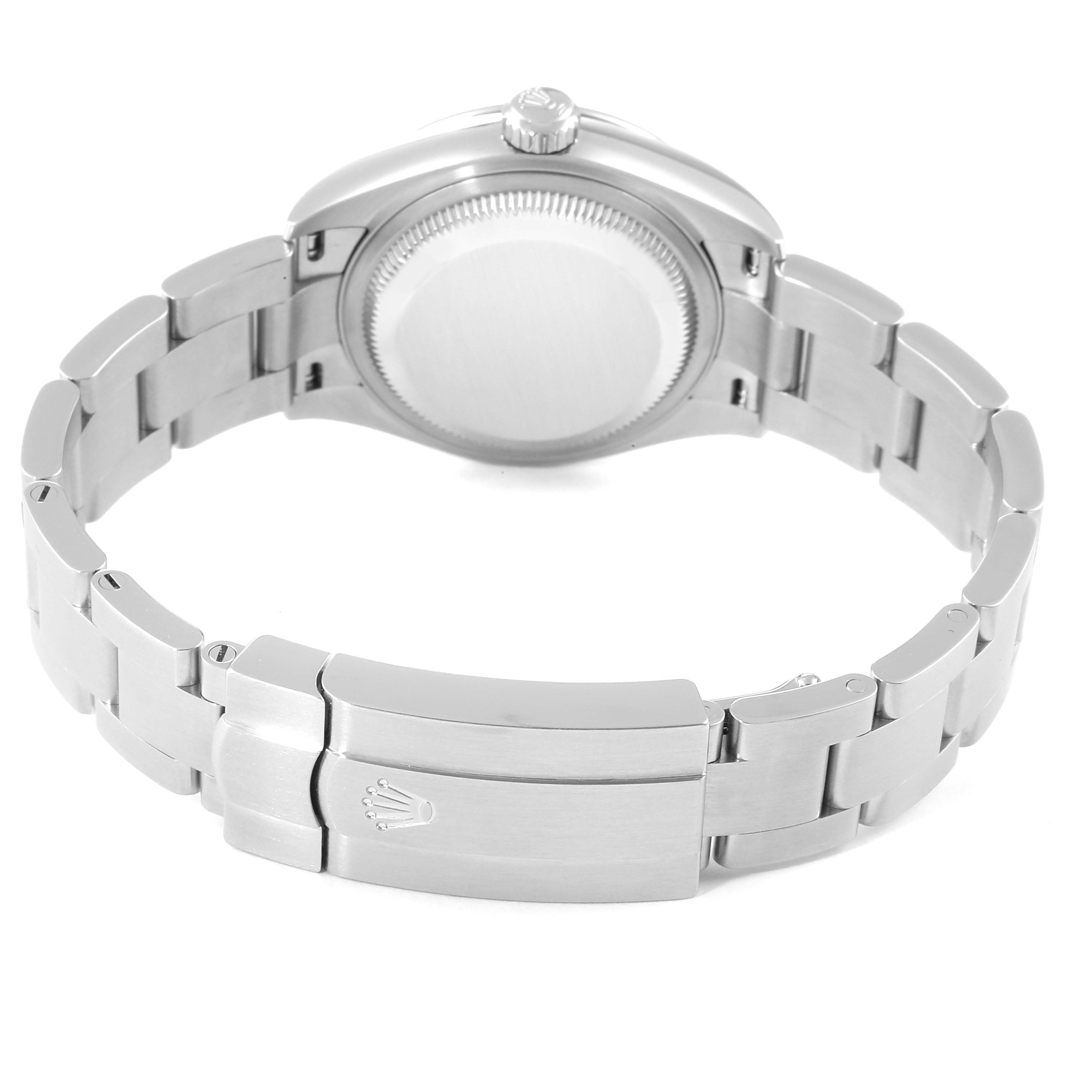 The image shows the back view of a Rolex Oyster Perpetual 276200 Women
s Stainless Steel Blue Dial 276200 Women
s Stainless Steel Blue Dial watch, highlighting the bracelet and clasp.