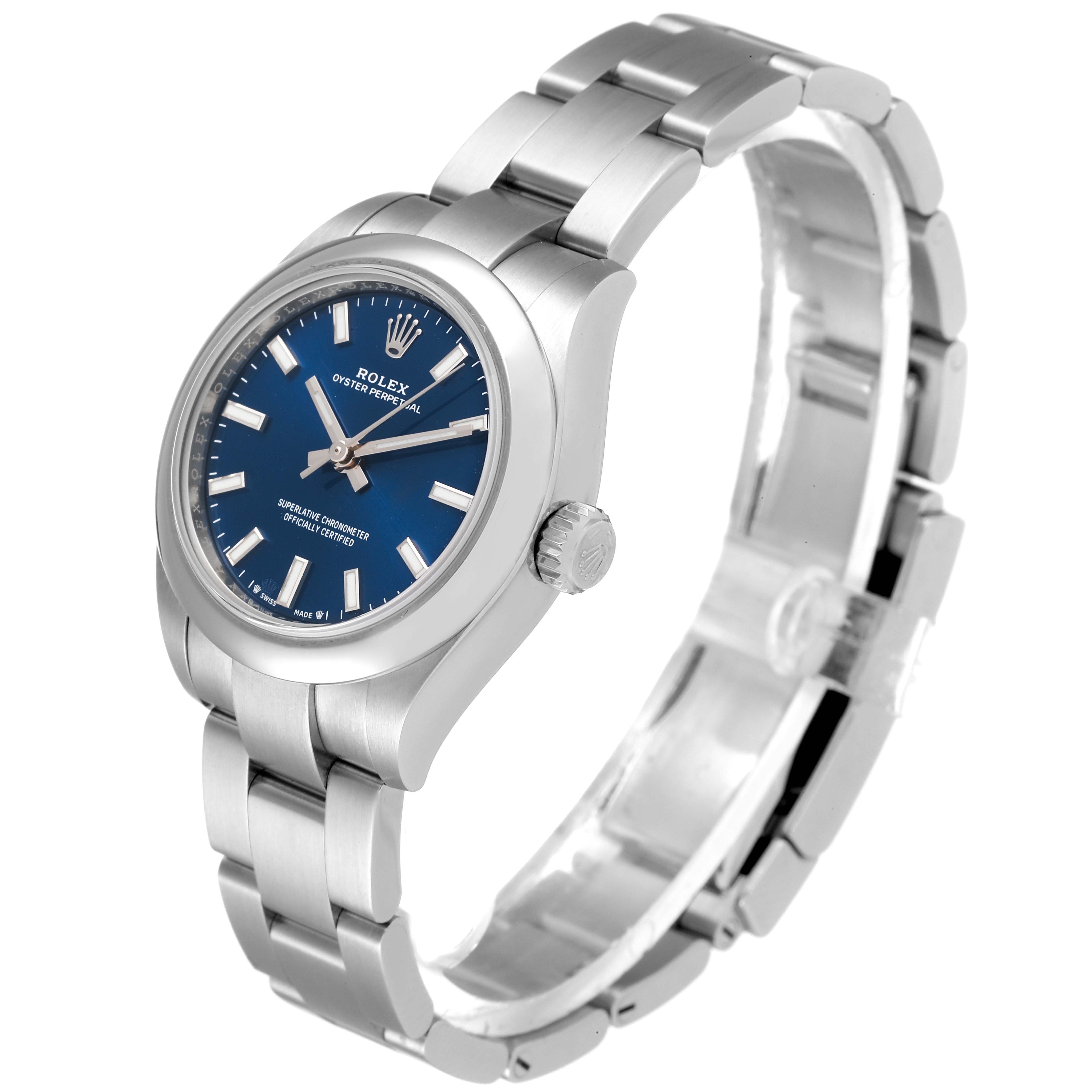 The image shows a Rolex Oyster Perpetual 276200 Women
s Stainless Steel Blue Dial 276200 Women
s Stainless Steel Blue Dial watch at a slight angle, highlighting the blue dial, case, and bracelet.