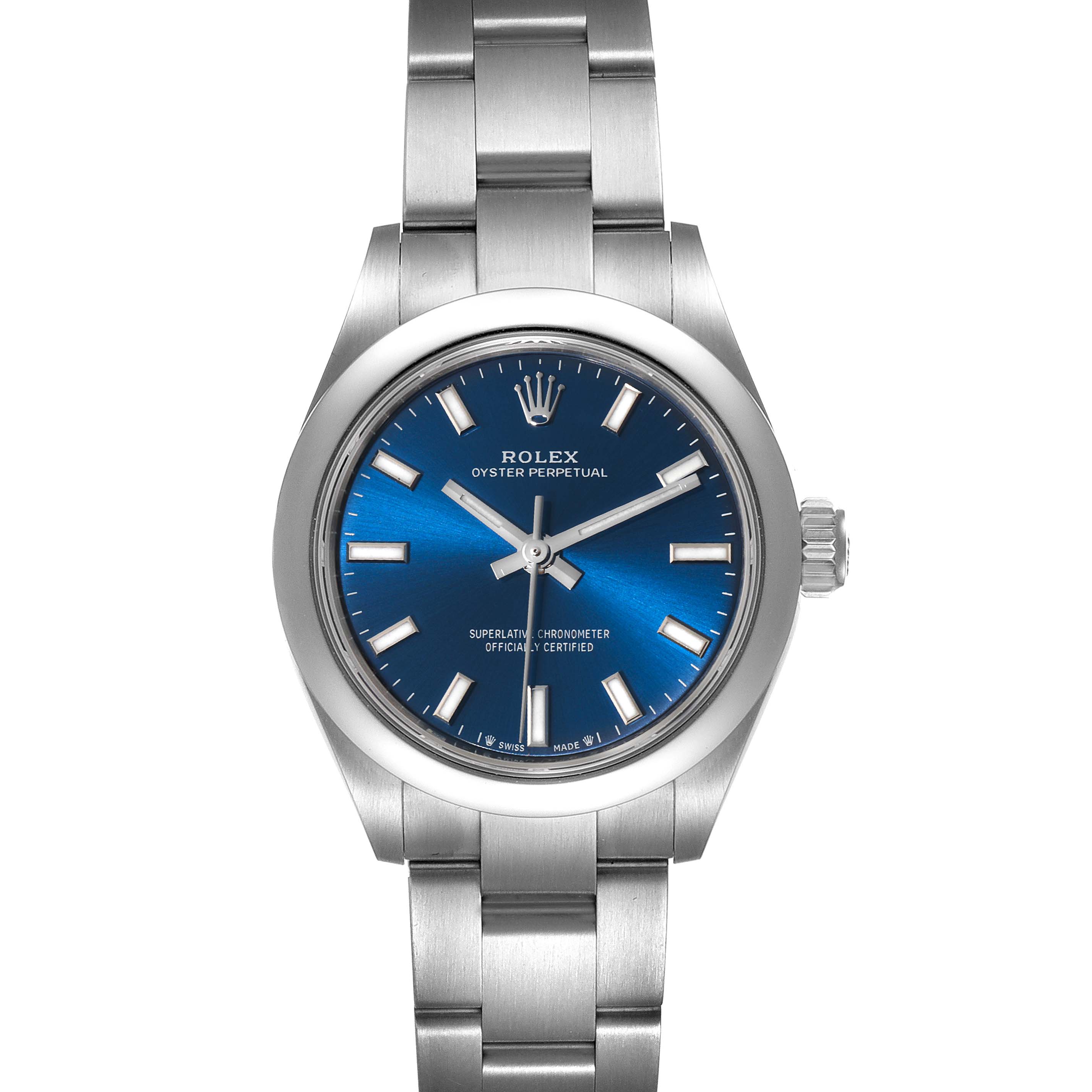 This Rolex Oyster Perpetual 276200 Women
s Stainless Steel Blue Dial 276200 Women
s Stainless Steel Blue Dial watch is shown from a straight-on angle, featuring its blue dial, hour markers, hands, and stainless steel bracelet.