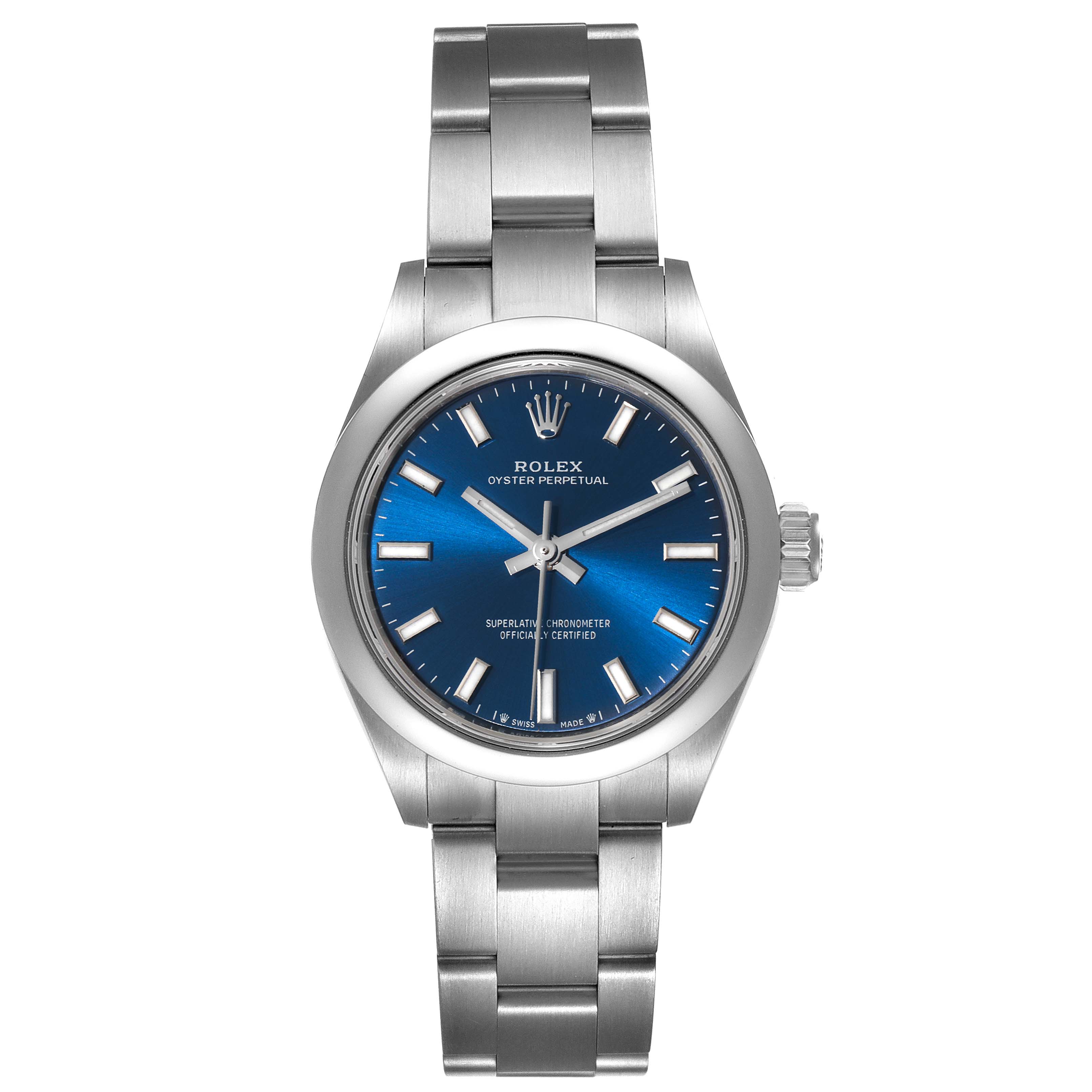 This image shows a front view of a Rolex Oyster Perpetual 276200 Women
s Stainless Steel Blue Dial 276200 Women
s Stainless Steel Blue Dial watch with a blue dial and silver bracelet.