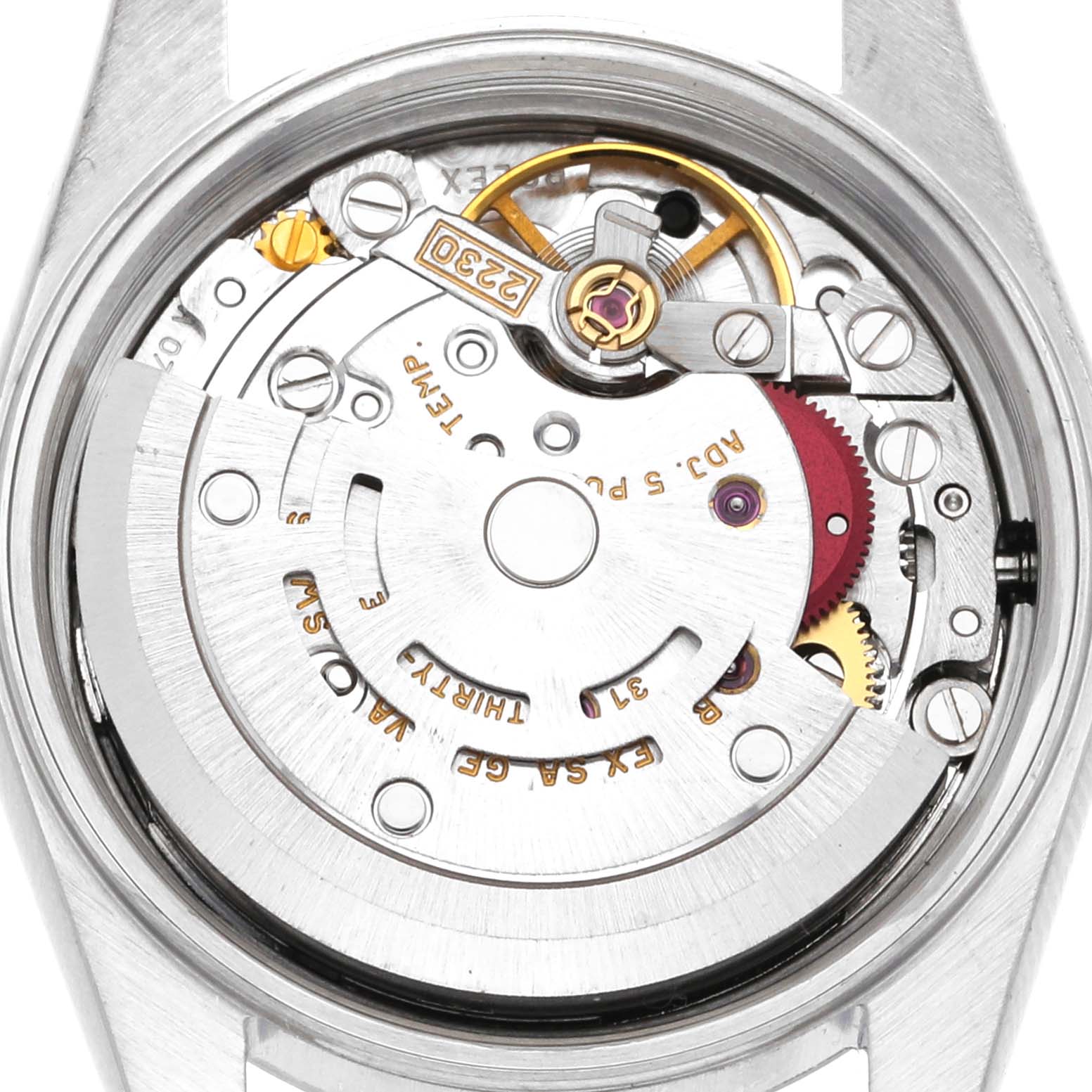 This image shows a close-up of the movement mechanism of a Rolex Oyster Perpetual 76080 Women's Stainless Steel Black Dial 76080 Women's Stainless Steel Black Dial watch from the back.