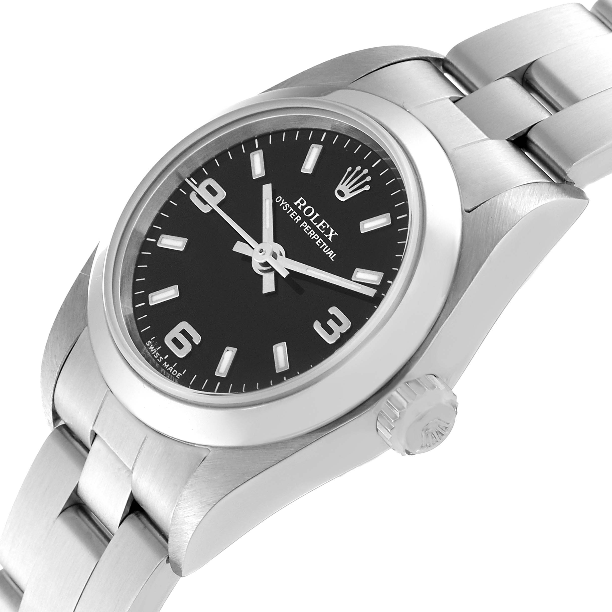 This image shows a Rolex Oyster Perpetual 76080 Women's Stainless Steel Black Dial 76080 Women's Stainless Steel Black Dial watch at a slight angle, highlighting the dial, bezel, crown, and part of the bracelet.