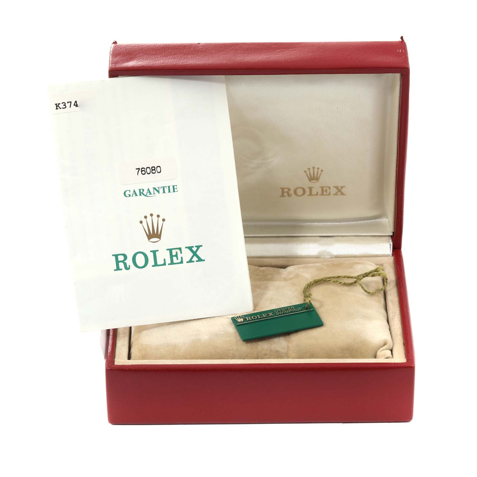The image shows the open packaging, guarantee card, and a tag for the Rolex Oyster Perpetual 76080 Women's Stainless Steel Black Dial 76080 Women's Stainless Steel Black Dial model.