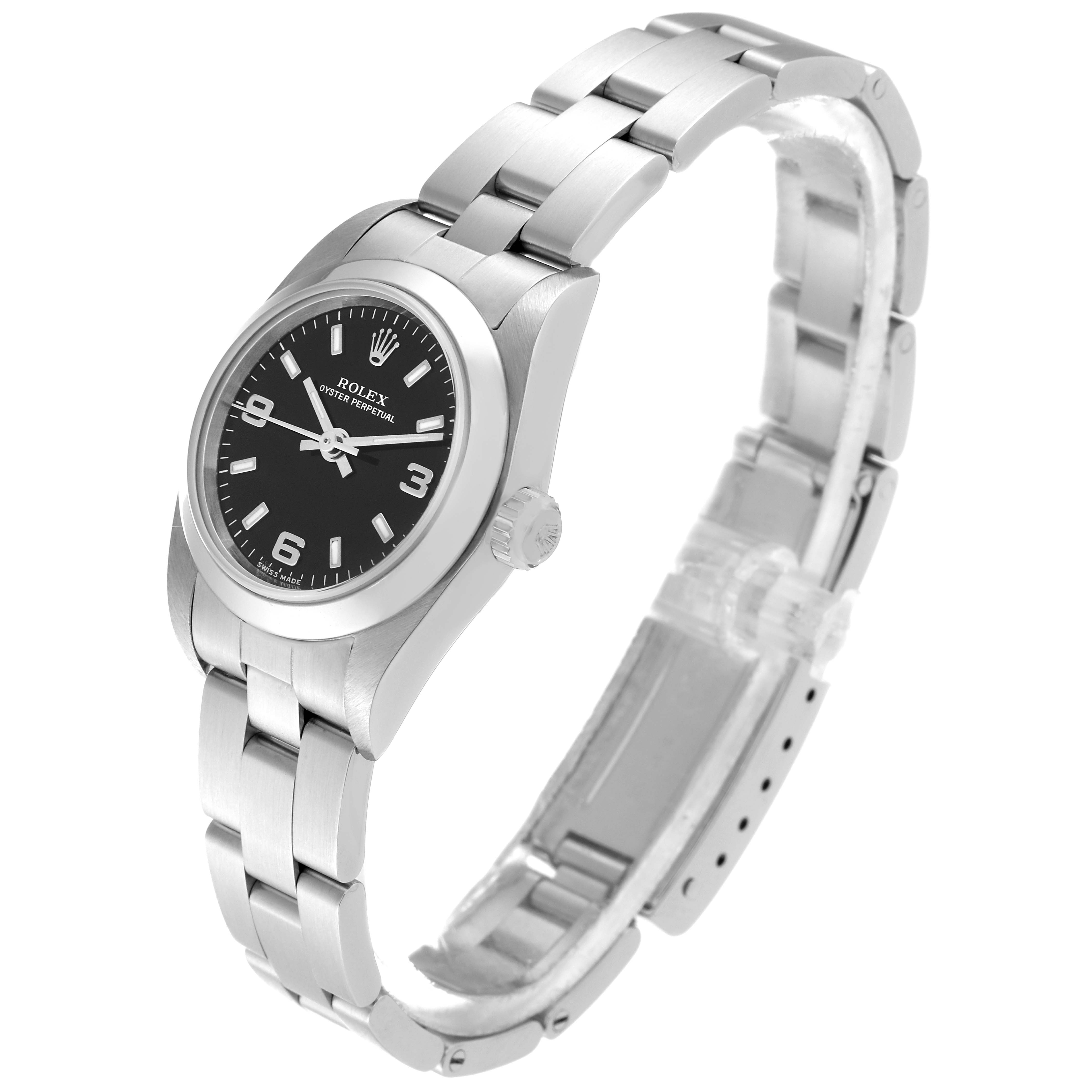 The Rolex Oyster Perpetual 76080 Women's Stainless Steel Black Dial 76080 Women's Stainless Steel Black Dial watch is shown at a slight angle, displaying the face, bezel, case, crown, and bracelet.