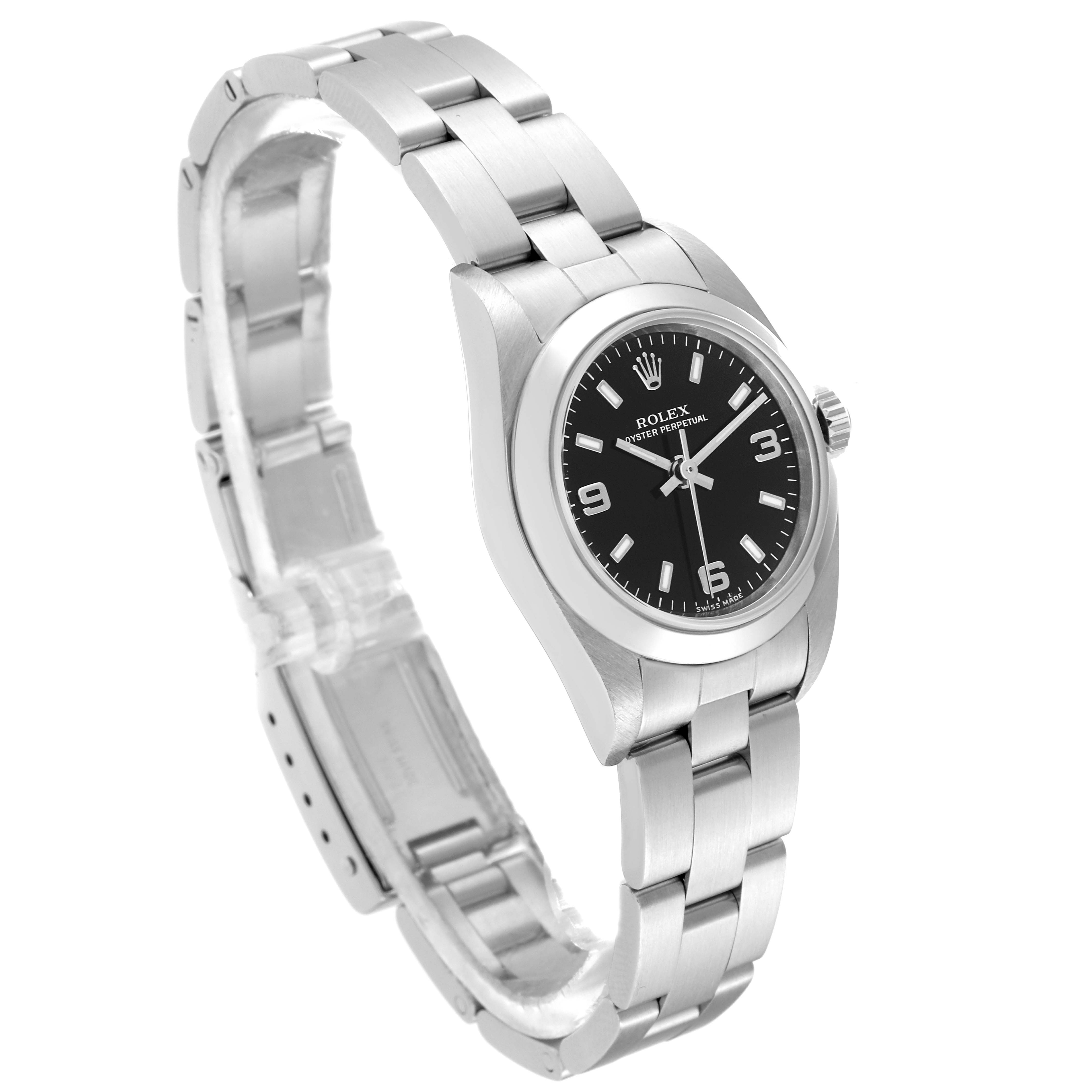 This image shows a side angle of a Rolex Oyster Perpetual 76080 Women's Stainless Steel Black Dial 76080 Women's Stainless Steel Black Dial watch highlighting its black dial, stainless steel case, and bracelet.