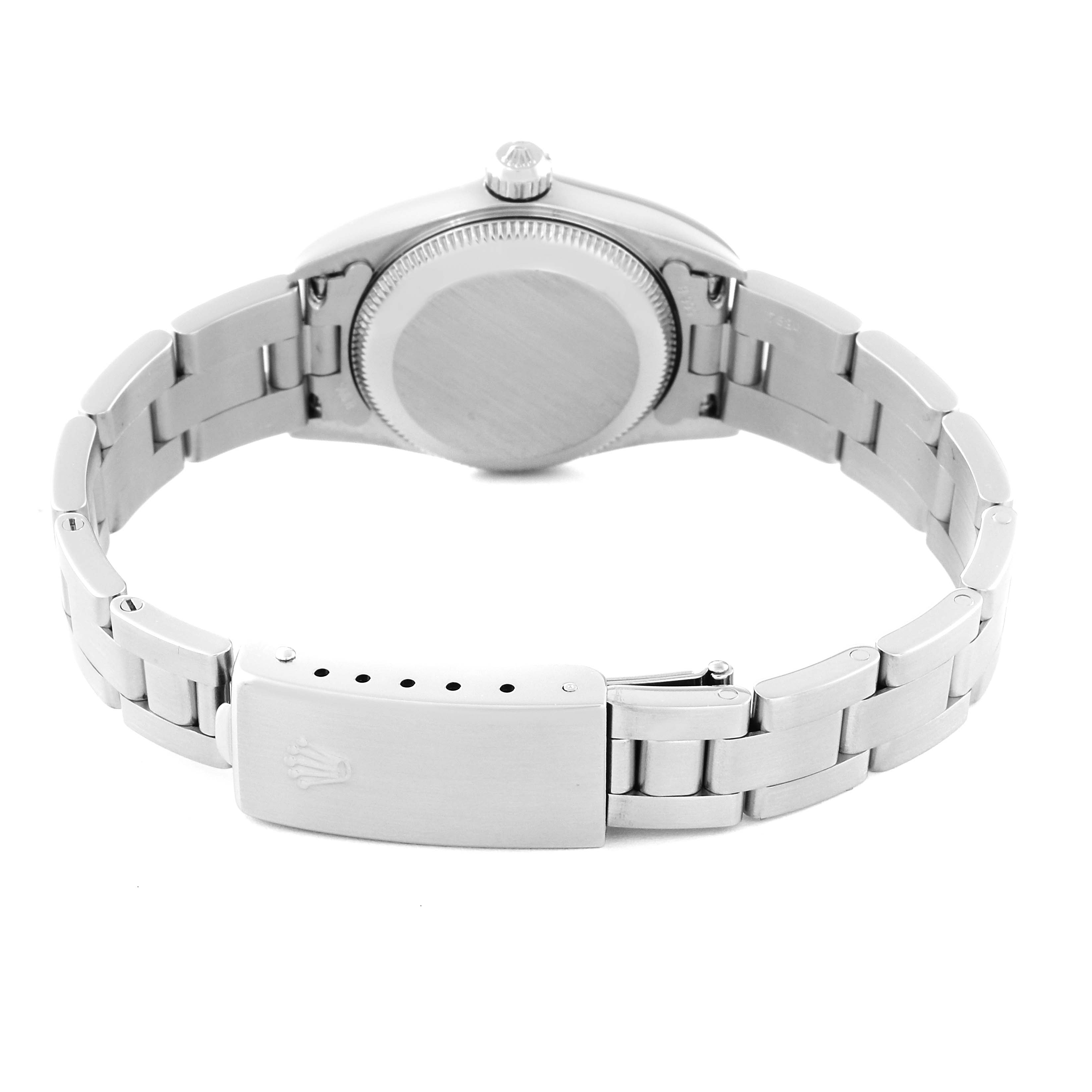 The image shows the back view of a Rolex Oyster Perpetual 76080 Women's Stainless Steel Black Dial 76080 Women's Stainless Steel Black Dial watch, highlighting its stainless steel bracelet and clasp.