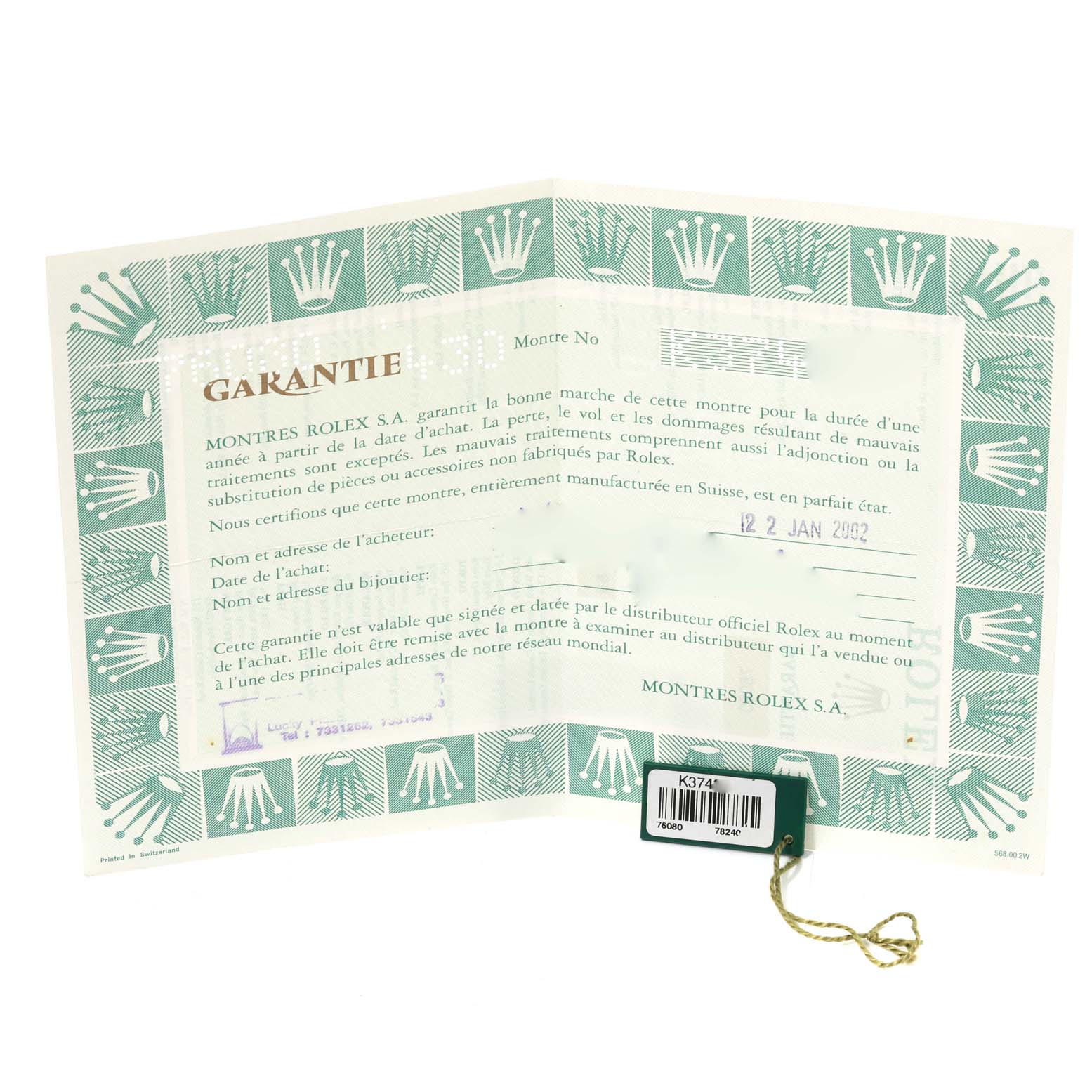 The image shows a warranty card and tag for a Rolex Oyster Perpetual 76080 Women's Stainless Steel Black Dial 76080 Women's Stainless Steel Black Dial watch.