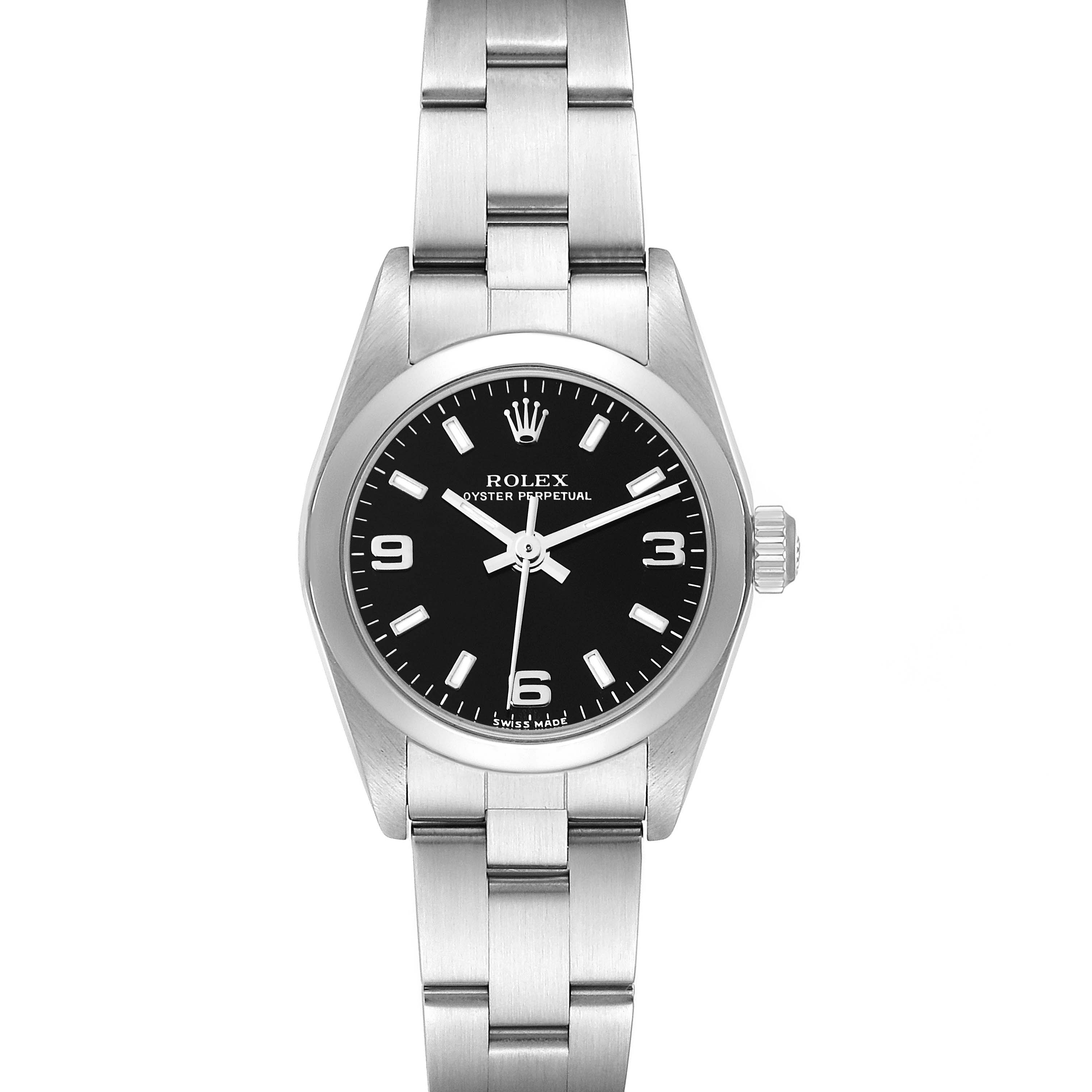 This image shows a frontal view of the Rolex Oyster Perpetual 76080 Women's Stainless Steel Black Dial 76080 Women's Stainless Steel Black Dial watch, including the dial, case, crown, and bracelet.
