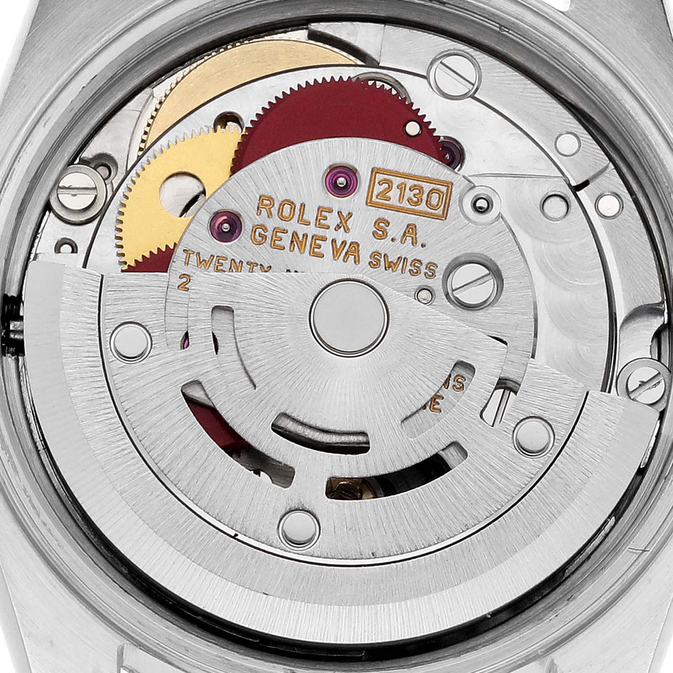 This image shows the internal mechanism of the Rolex Oyster Perpetual 67193 Women
s Steel and Gold (two tone) White Dial 67193 Women
s Steel and Gold (two tone) White Dial watch, highlighting the rotor, gears, and inscriptions.