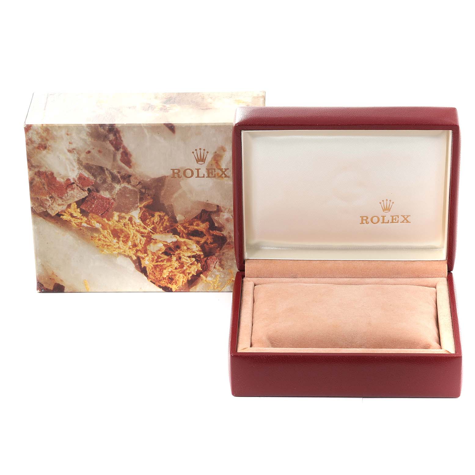 The image shows an empty watch box and outer packaging for a Rolex Oyster Perpetual 67193 Women
s Steel and Gold (two tone) White Dial 67193 Women
s Steel and Gold (two tone) White Dial model.