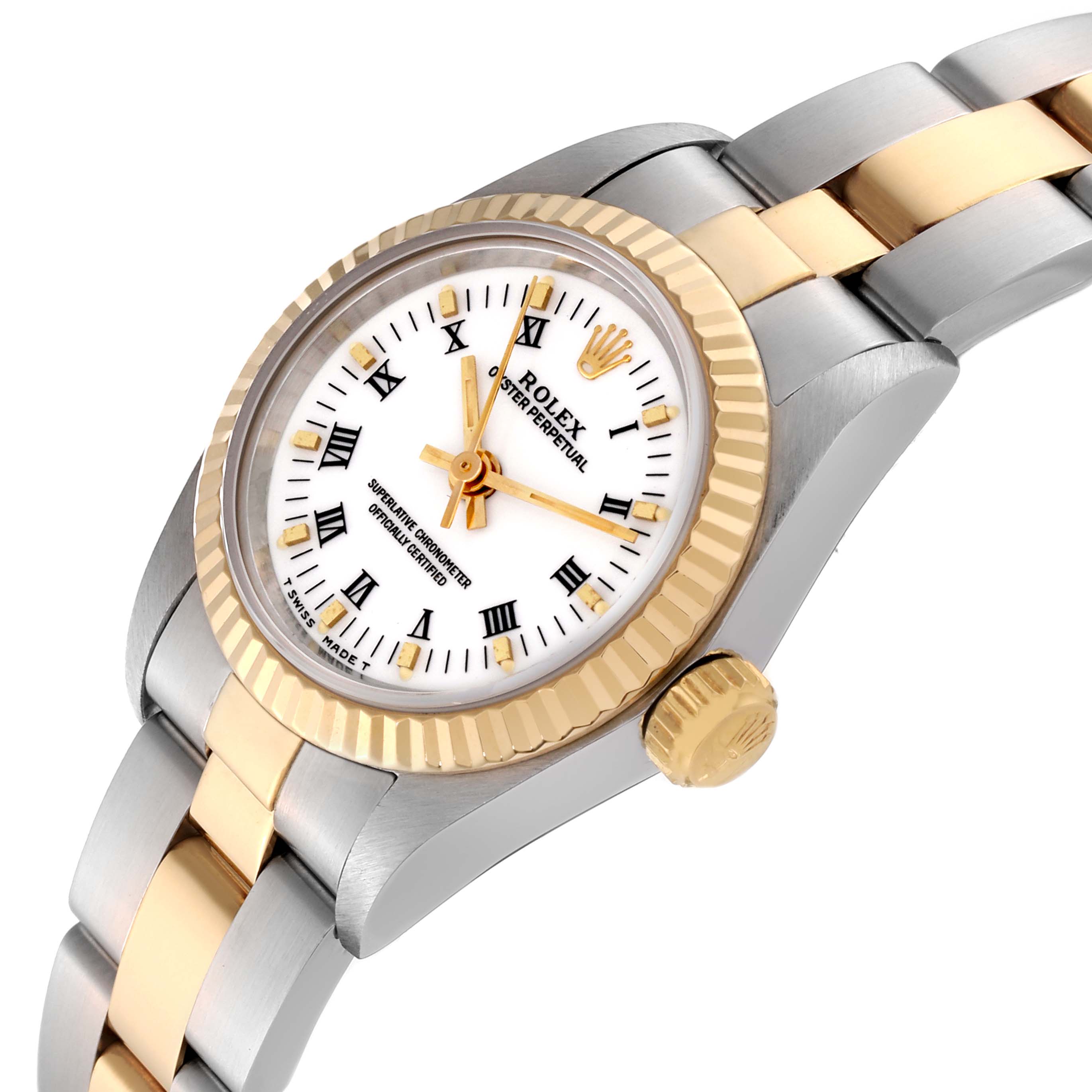 The Rolex Oyster Perpetual 67193 Women
s Steel and Gold (two tone) White Dial 67193 Women
s Steel and Gold (two tone) White Dial watch is shown from an angled side view, highlighting its gold and silver two-tone band, fluted bezel, and crown.