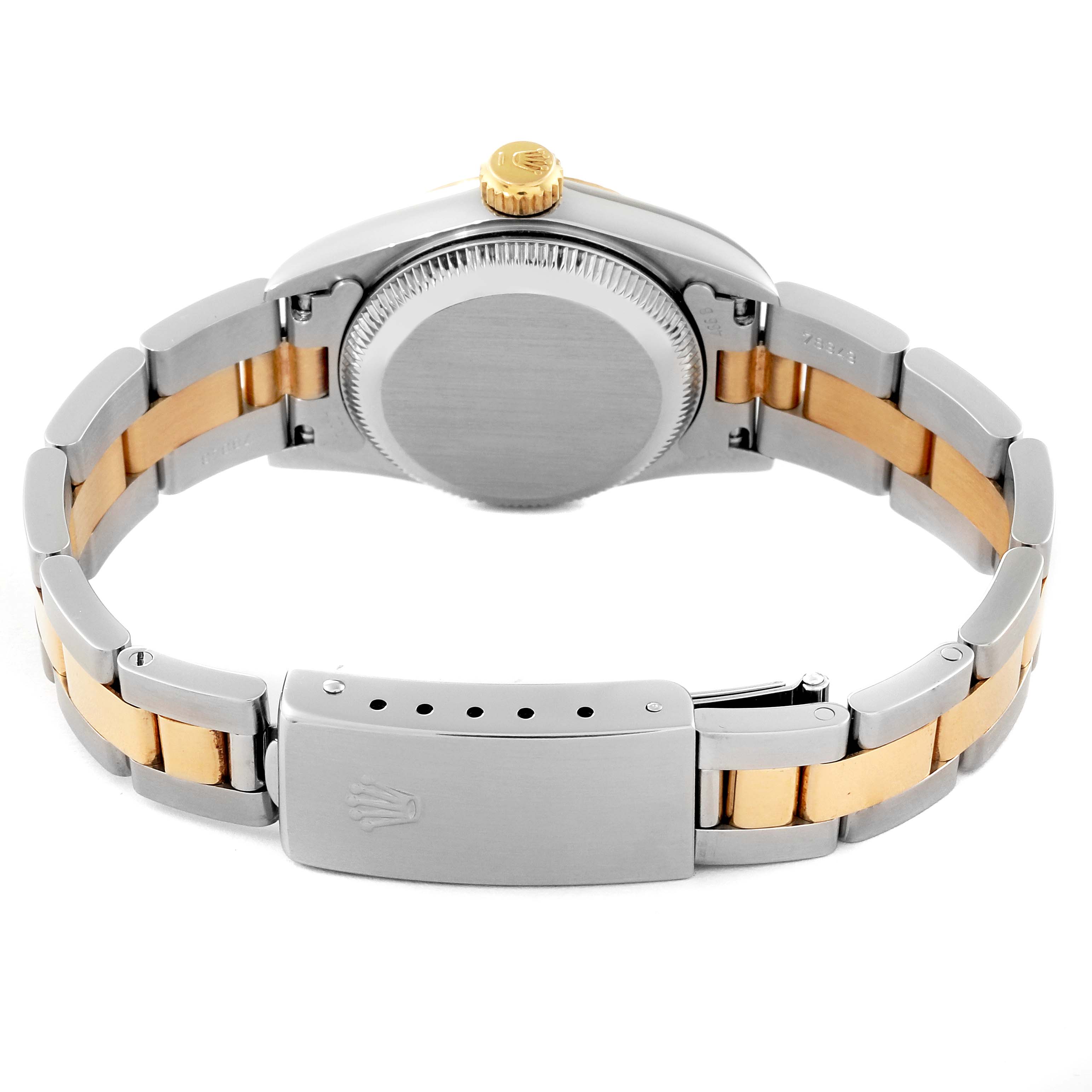 The image shows the back view of a Rolex Oyster Perpetual 67193 Women
s Steel and Gold (two tone) White Dial 67193 Women
s Steel and Gold (two tone) White Dial watch, highlighting the case back and two-tone metal bracelet.