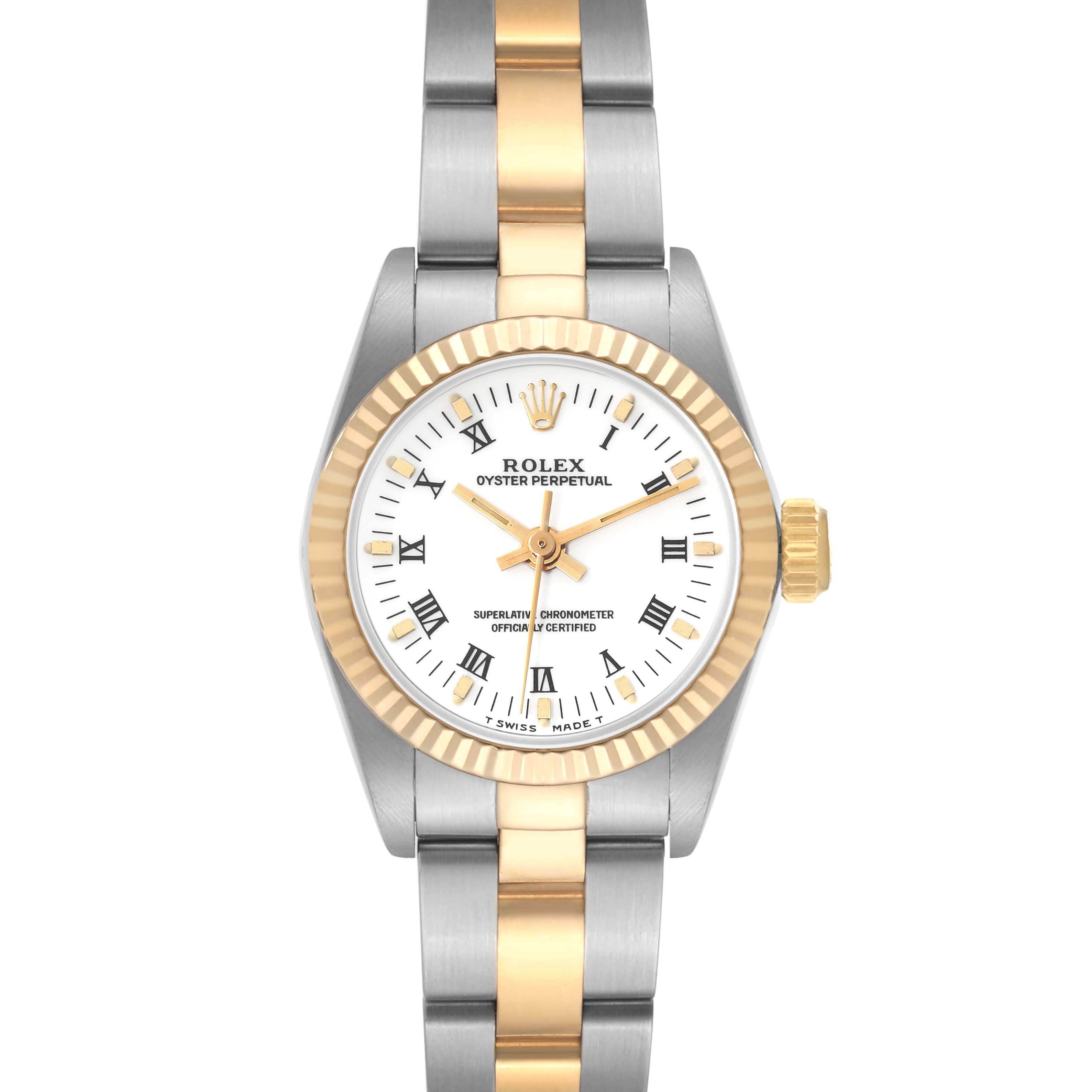 The image shows a frontal view of a Rolex Oyster Perpetual 67193 Women
s Steel and Gold (two tone) White Dial 67193 Women
s Steel and Gold (two tone) White Dial watch with a two-tone bracelet and gold fluted bezel.