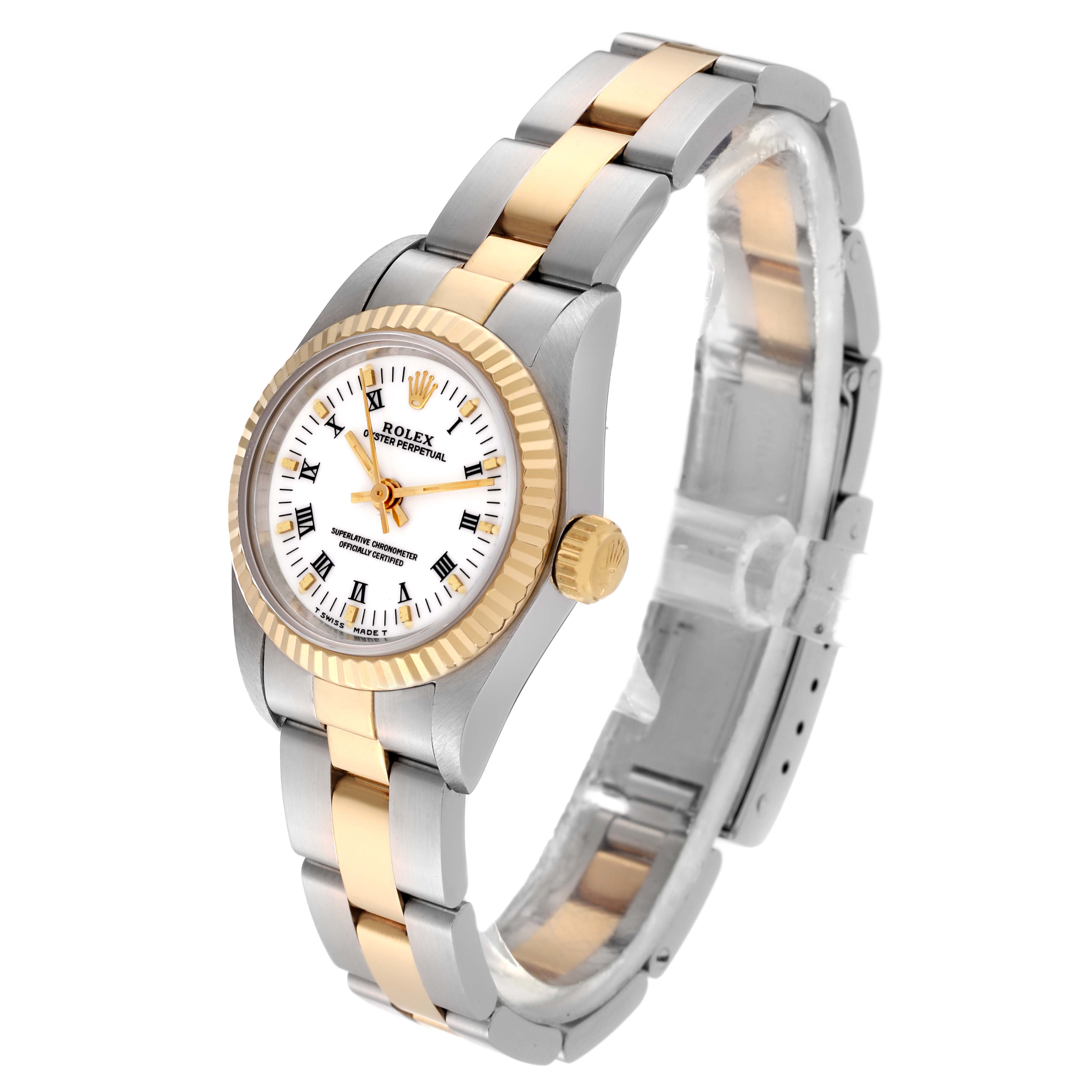 The Rolex Oyster Perpetual 67193 Women
s Steel and Gold (two tone) White Dial 67193 Women
s Steel and Gold (two tone) White Dial watch is shown at a three-quarter angle, displaying the face, bezel, bracelet, and crown.