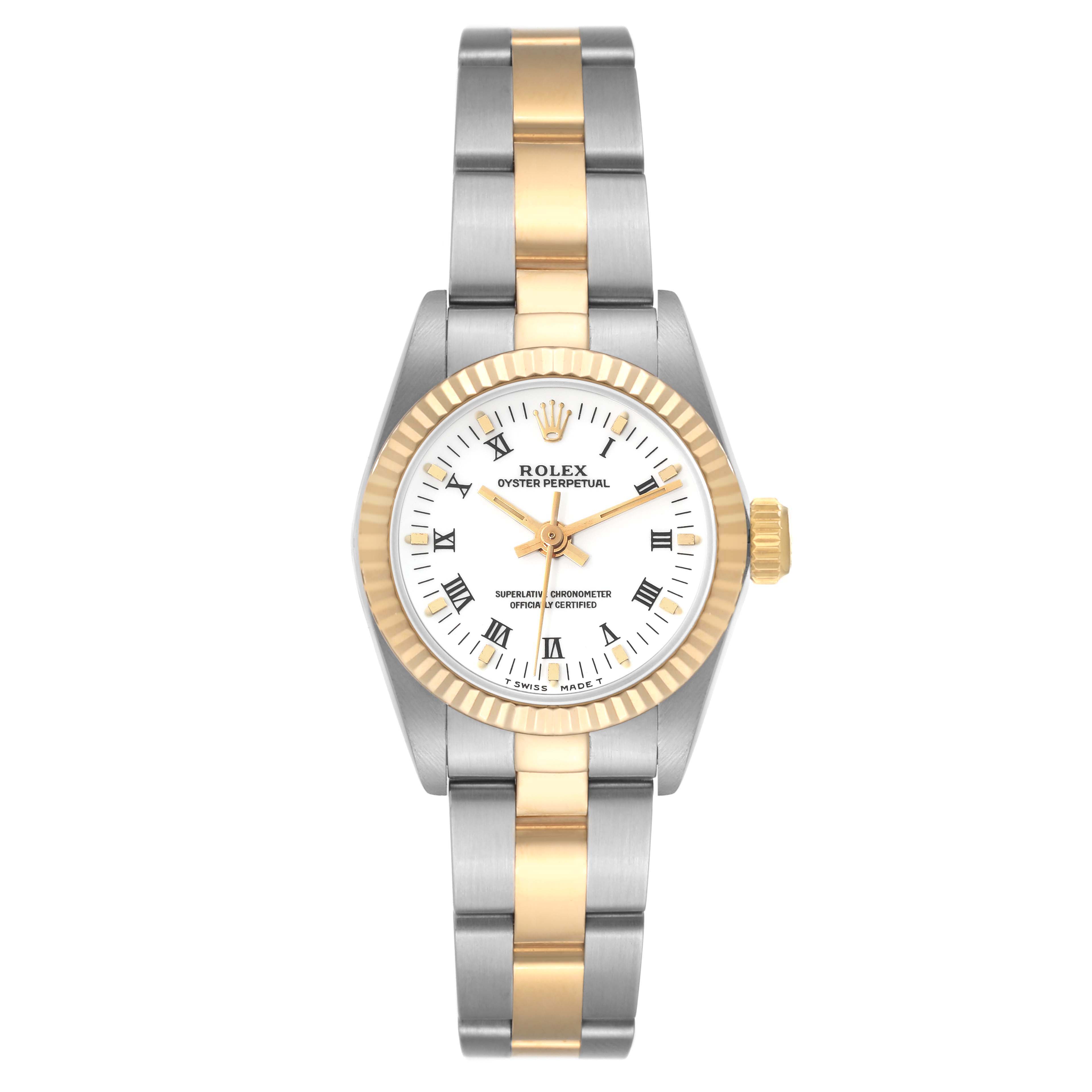 This Rolex Oyster Perpetual 67193 Women
s Steel and Gold (two tone) White Dial 67193 Women
s Steel and Gold (two tone) White Dial watch is shown from the front, displaying the dial, bezel, crown, and bracelet.