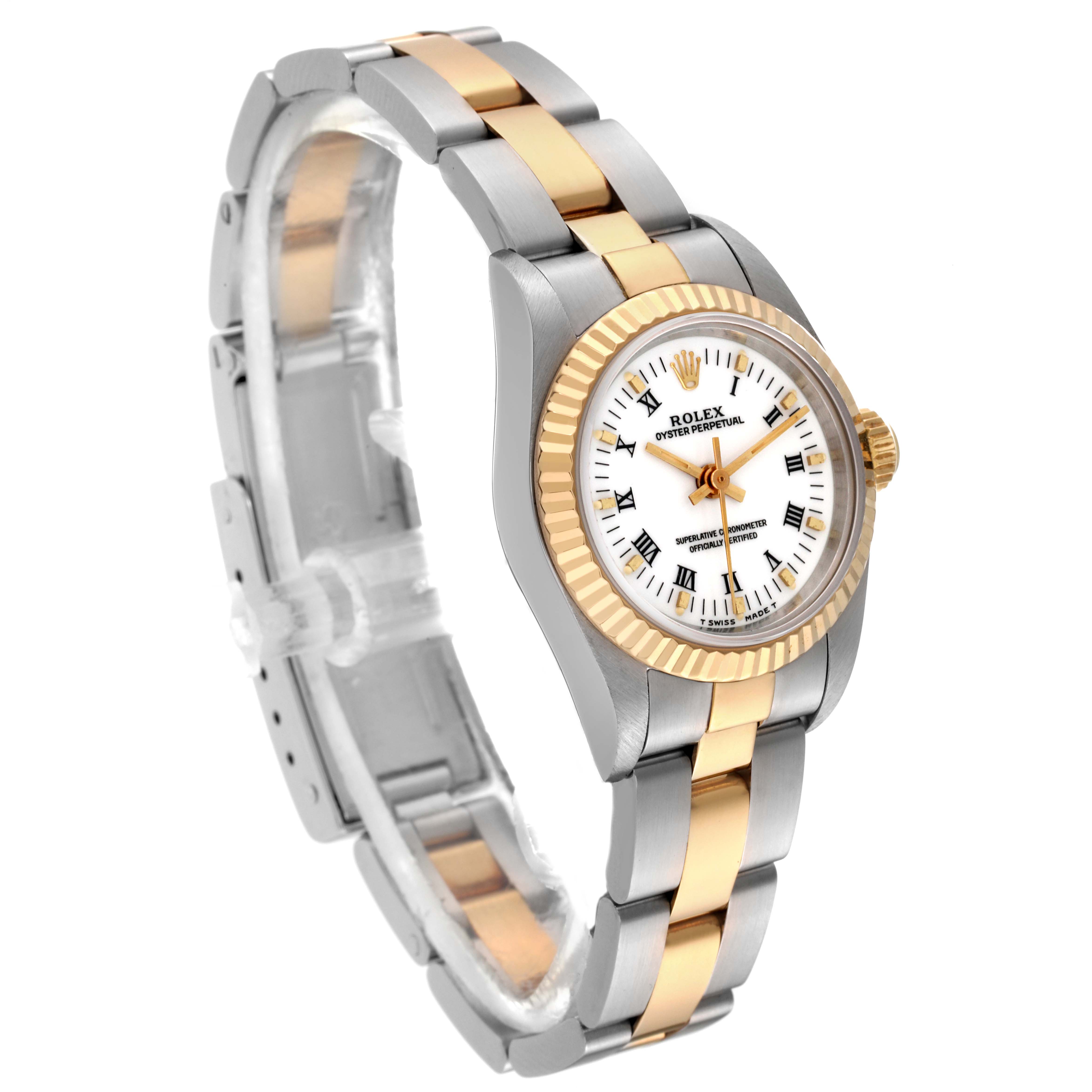 The image shows a Rolex Oyster Perpetual 67193 Women
s Steel and Gold (two tone) White Dial 67193 Women
s Steel and Gold (two tone) White Dial watch at a three-quarter angle, displaying the dial, case, and two-tone bracelet.