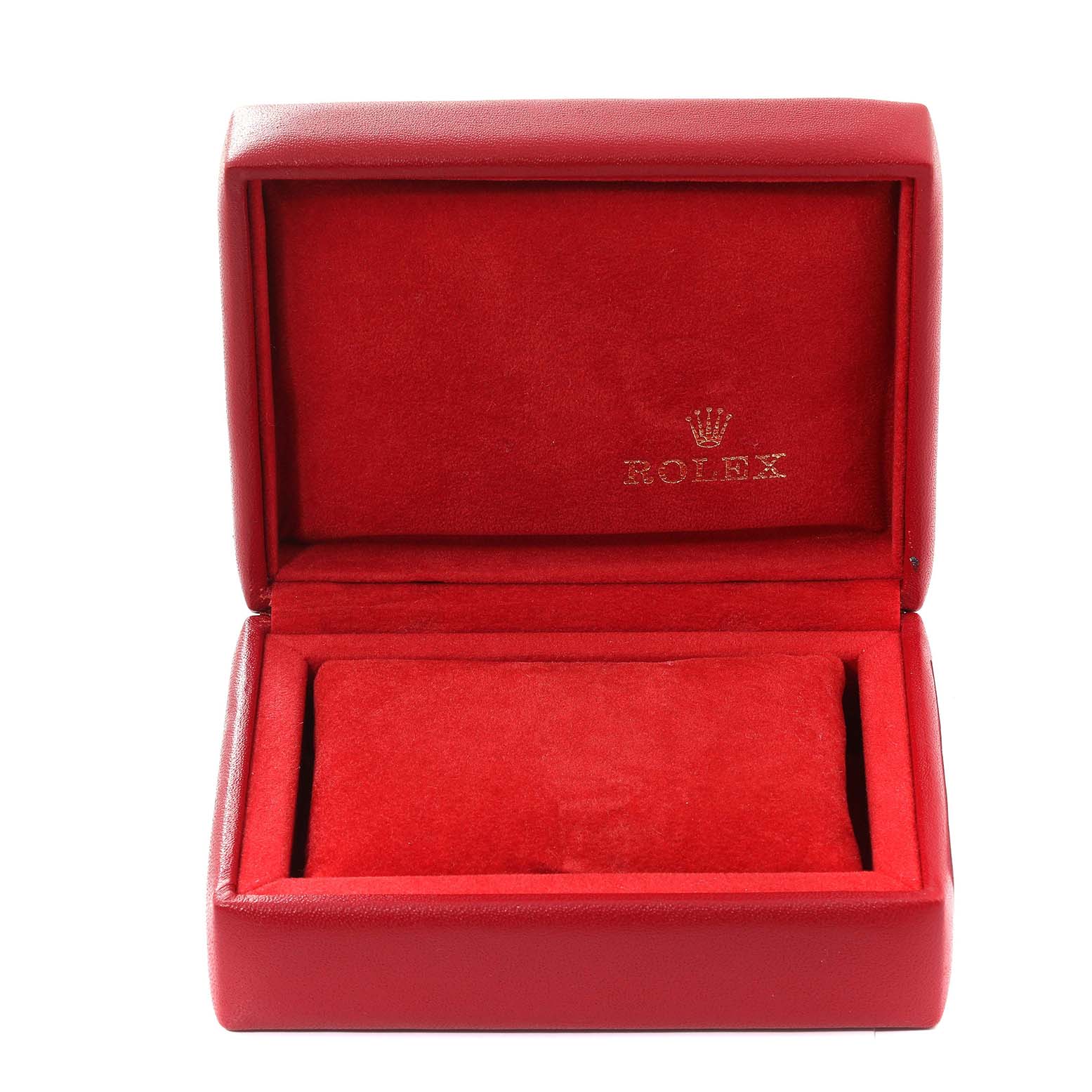 This image shows an open red Rolex Oyster Perpetual 67230 Women's Stainless Steel White Dial 67230 Women's Stainless Steel White Dial watch box, featuring the brand's logo on the inside lid.