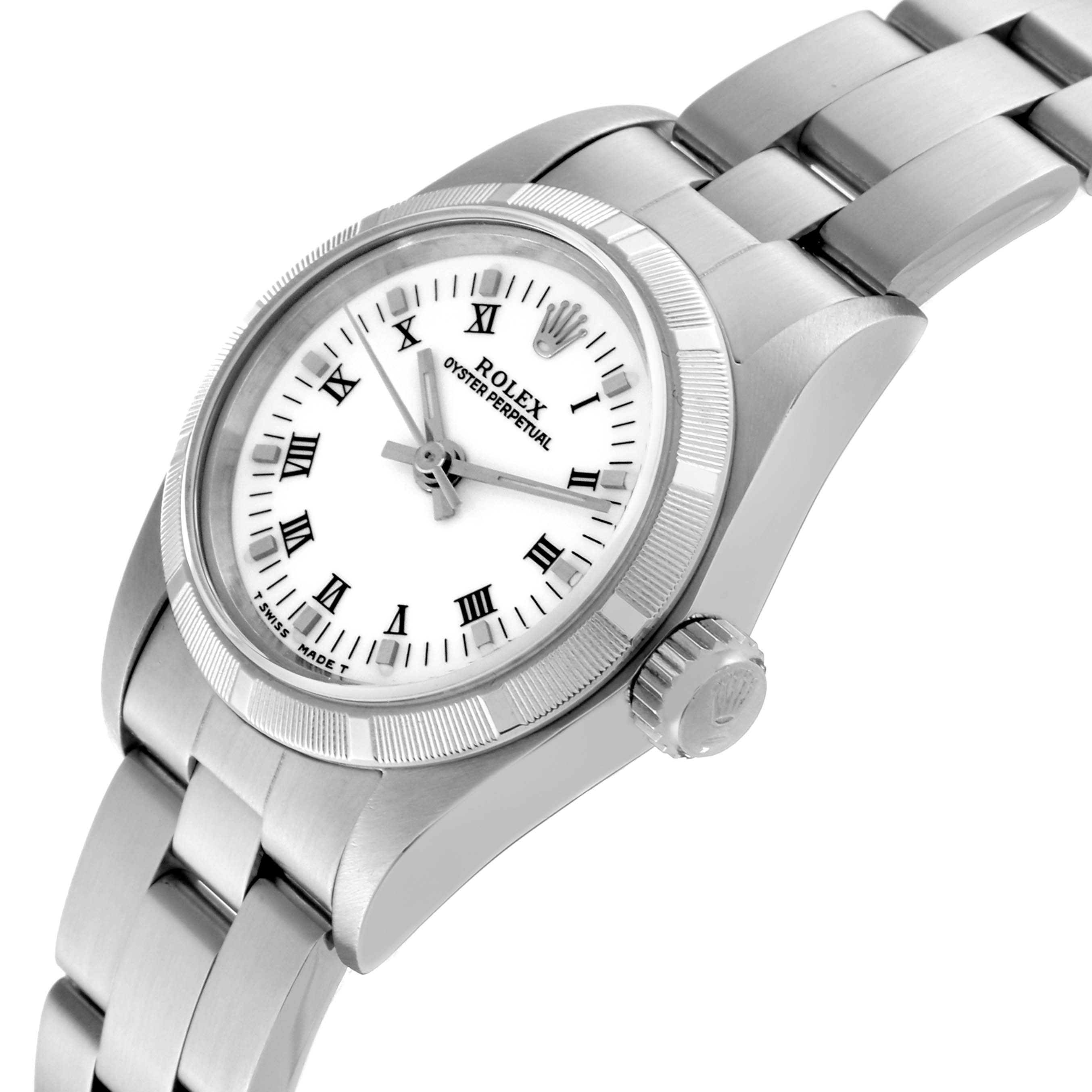 The image shows a close-up of a Rolex Oyster Perpetual 67230 Women's Stainless Steel White Dial 67230 Women's Stainless Steel White Dial watch, highlighting the dial, bezel, crown, and bracelet.